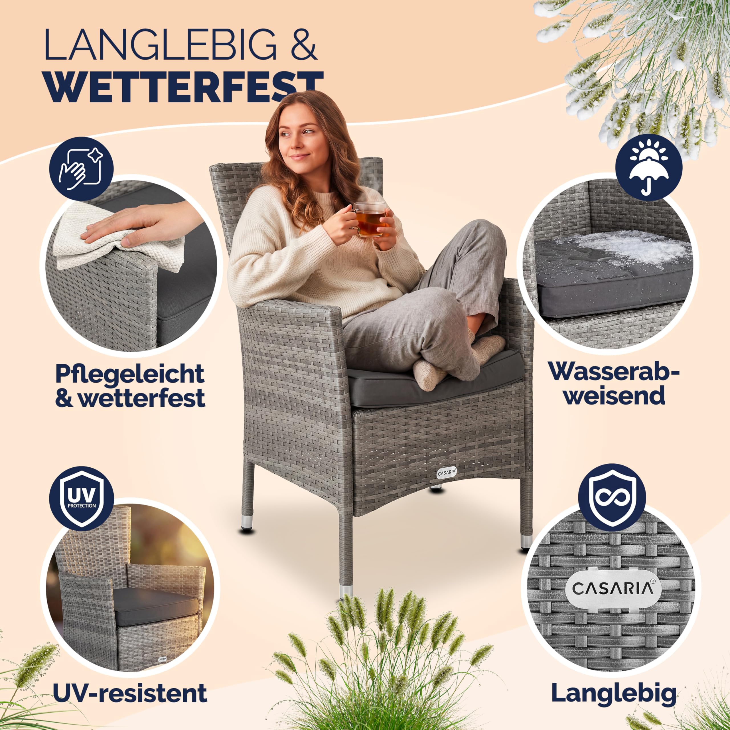 Casaria Set de 2 chaises de Jardin en polyrotin 88 x 59 x 59 cm Gris Fauteuils avec Coussins 7 cm Mobilier de Jardin extérieur