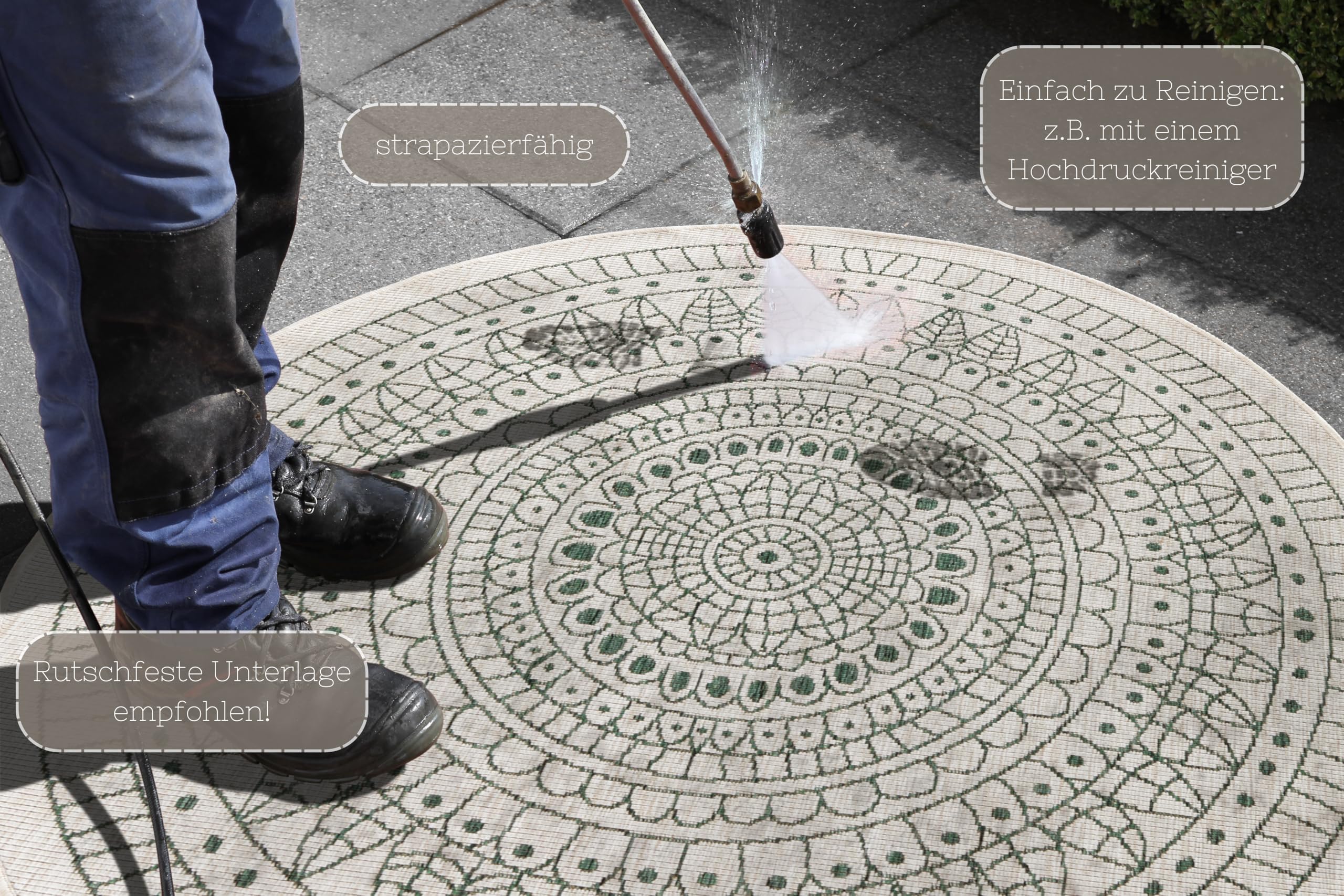 Hanse Home Northrugs Porto In- und Outdoor Teppich Rund – Runder Wendeteppich Wasserfest Mandala Design Flachgewebe Teppich Wetterfest für Balkon, Terrasse, Garten, Wohnzimmer in Grün Creme, ⌀140cm