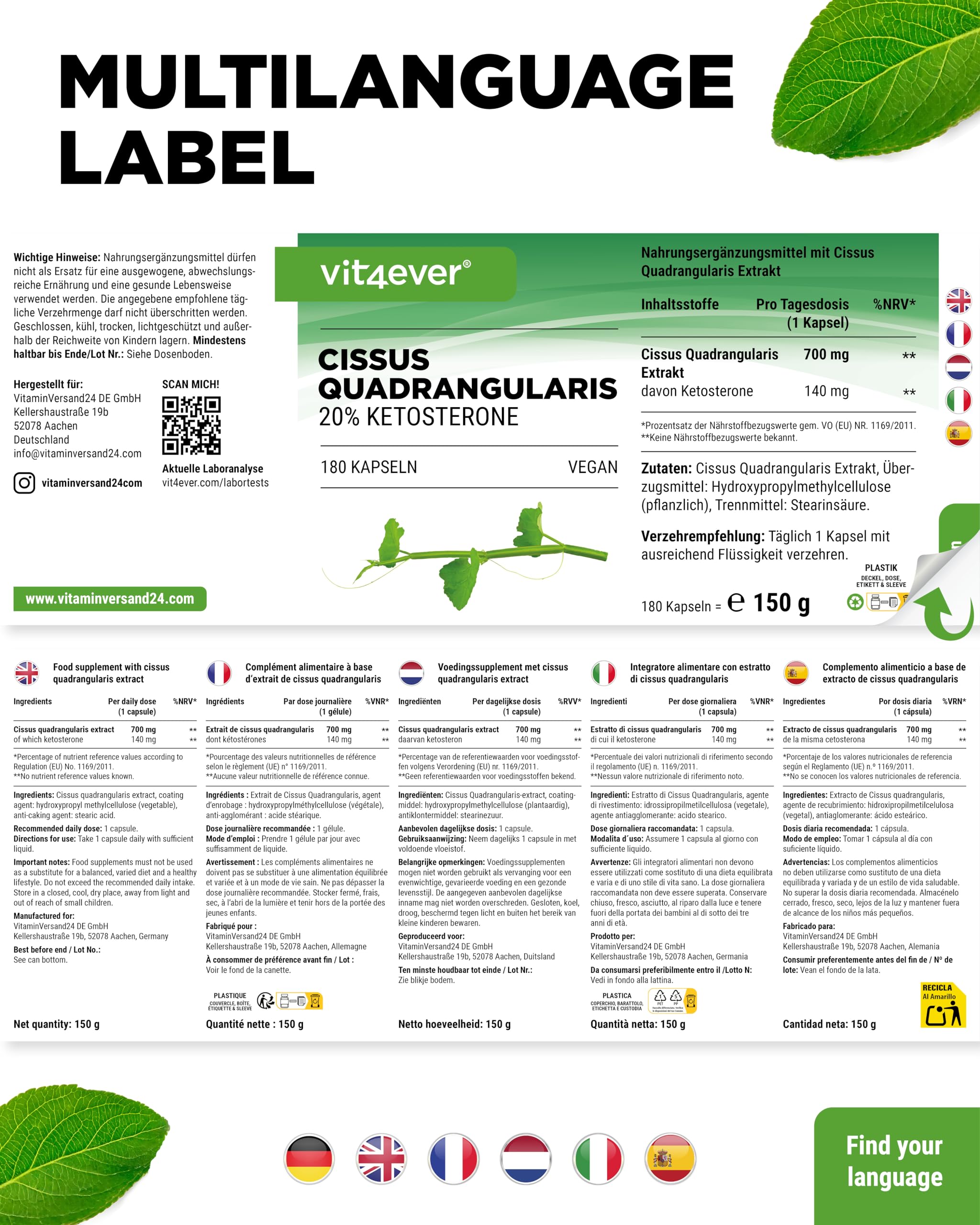 vit4ever Cissus Quadrangularis - 180 Kapseln - 700mg - 20% Ketosterone | 700mg Extrakt pro Kapsel, 140mg Ketosterone, 6 Monate Vorrat