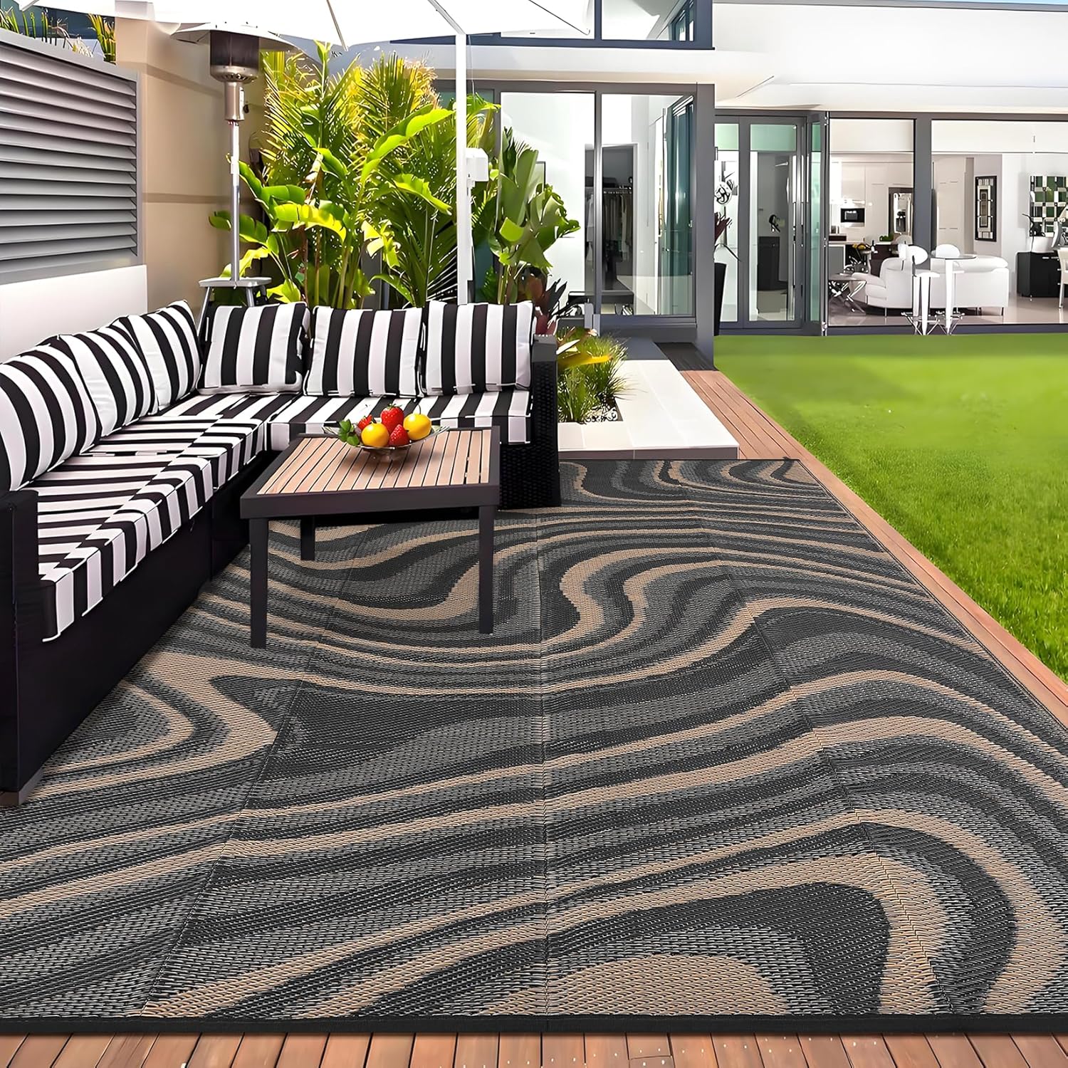 9x12 Outdoor Rug Waterproof Foldable Plastic Straw Carpet for Patio Porch Modern Abstarct Reversible Mat Lightweight Floor Mat for Picnic, Beach, Deck, Camper, Balcony，Black/Gray/Brown