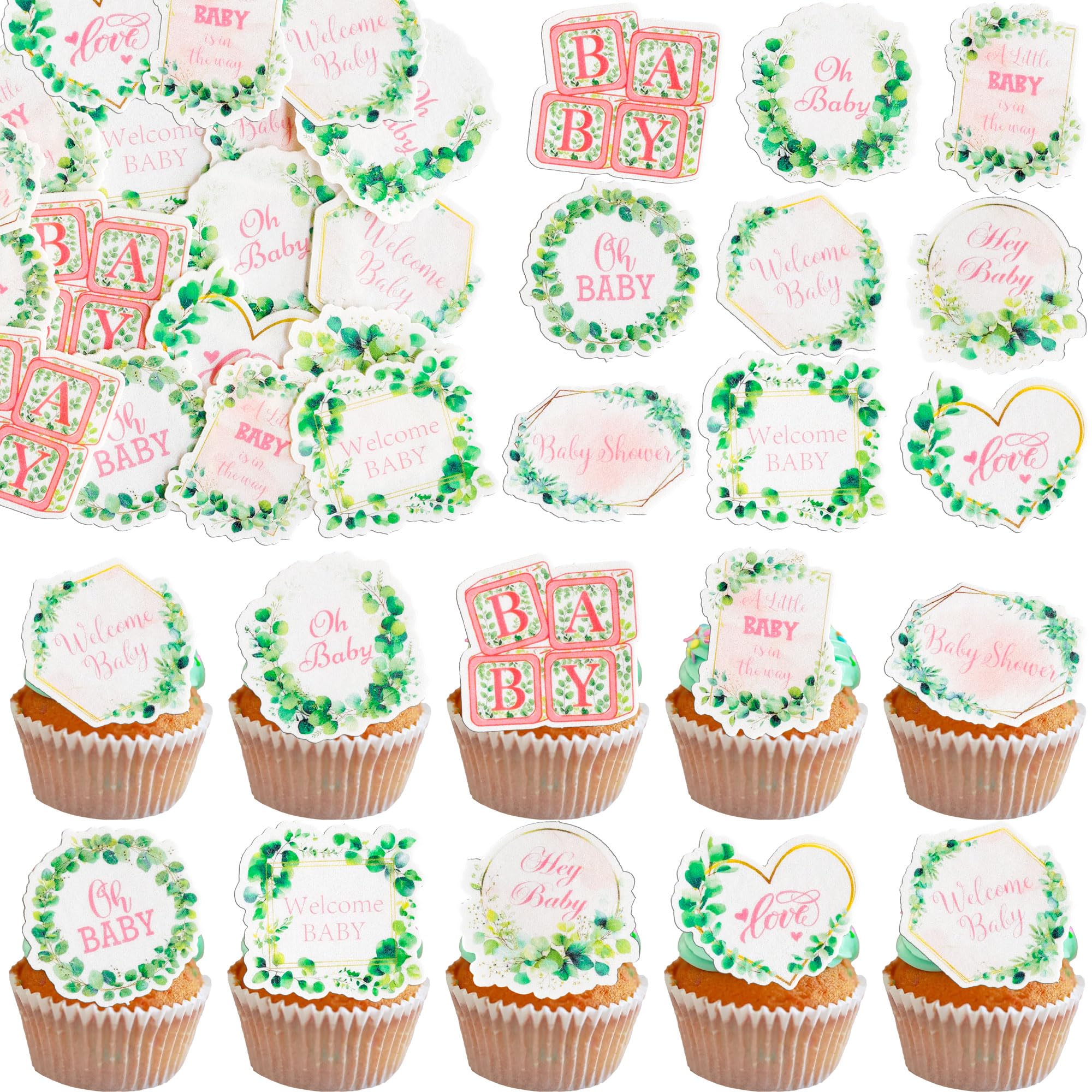 Gyufise 54Pcs Edible Girl Baby Shower Cupcake Toppers Gender Reveal Cake Decorations Hey Little Girl Welcome Baby Cupcake Picks for Baby Shower Birthday Party Decorations Green Pink