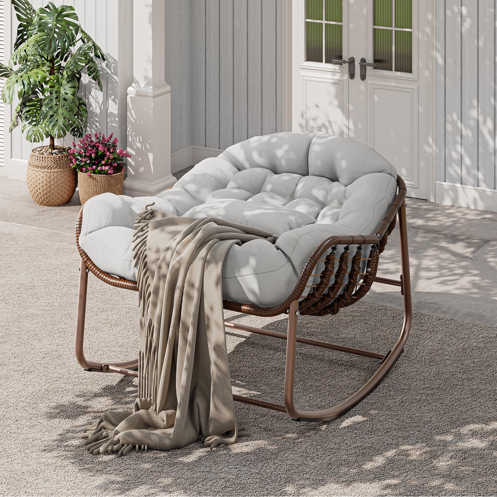 Cachpib Oversized Egg Chair Rattan Wicker Outdoor Rocking Chair with Metal Frame, Papasan Chair with Thick Cushion, Large Patio Garden Comfy Lounge Chair for Indoor Outdoor Garden Living Room