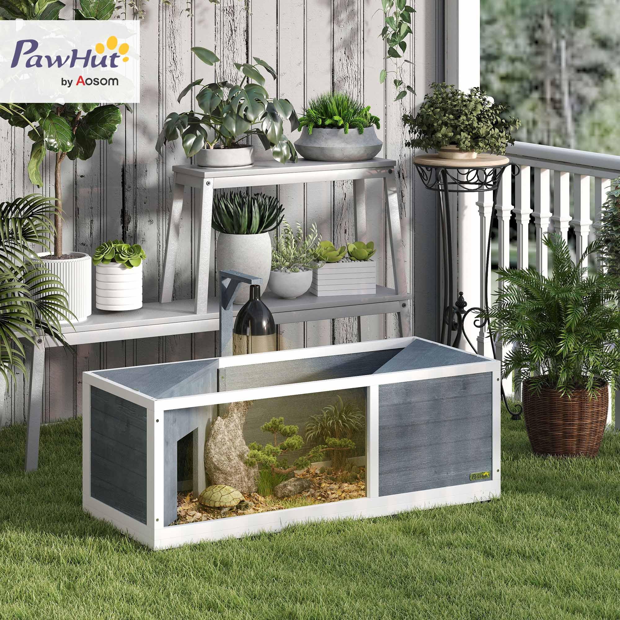 PawHut Casa per tartarughe XL 120 cm - terrario per tartarughe terrestri in legno, 2 nicchie con tetto apribile e area giochi aperta - recinto con supporto per lampada e finestra panoramica, grigio