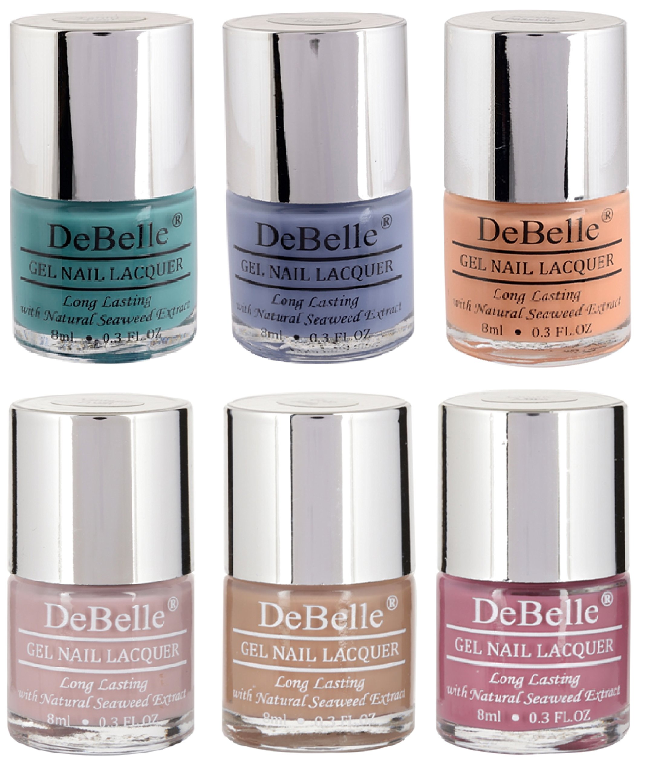 DeBelle Nail Polish Combo Pack of 6, Teal Green, Purple, Peach, Pastel Purple, Light Brown, Light Majenta, 48 ml(8 ml Each)
