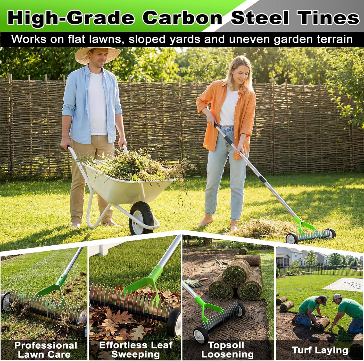 Rolling Thatch Rake for Lawns, 15.28 Inch Steel Dethatcher Rake with Wheels, Adjustable 0-15° Angle & 62.99 Inch Handle, Heavy-Duty Yard Tool for Dead Grass/Moss Removal & Lawn Care