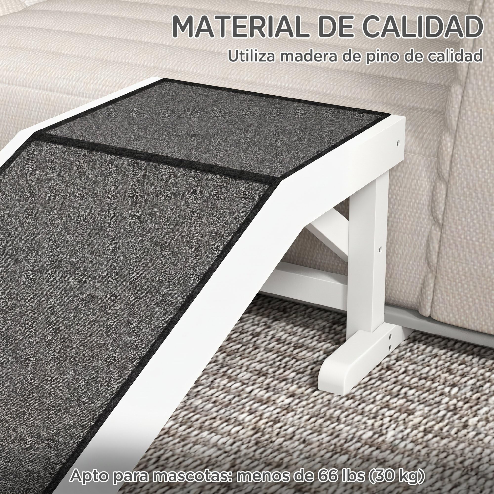 PawHut Rampa Perros de Madera para Cama/Sofá 125x40x35,5 cm Blanco y Gris | Rampa para Mascotas, Alfombra Antideslizante, para Perros Pequeños Medianos y Grandes, 125x40x35,5 cm