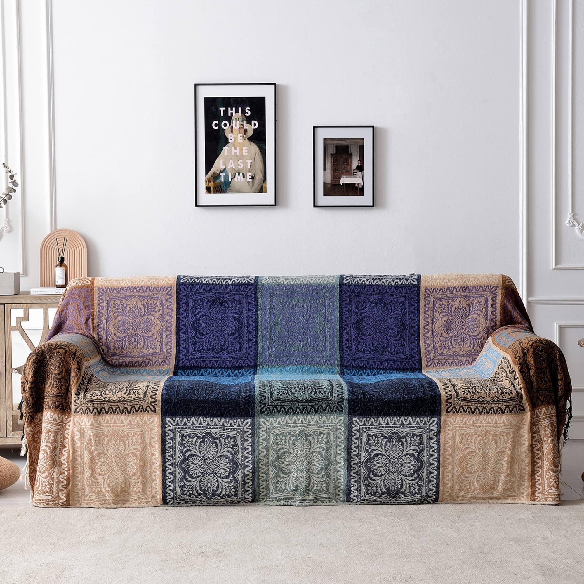Boho Throw Blanket, Chenille Jacquard Tassels Throw Blankets for Bed Couch Sofa Chair，Bohemian Decor Couch Cover (Purple, Large 86 * 102Inches)