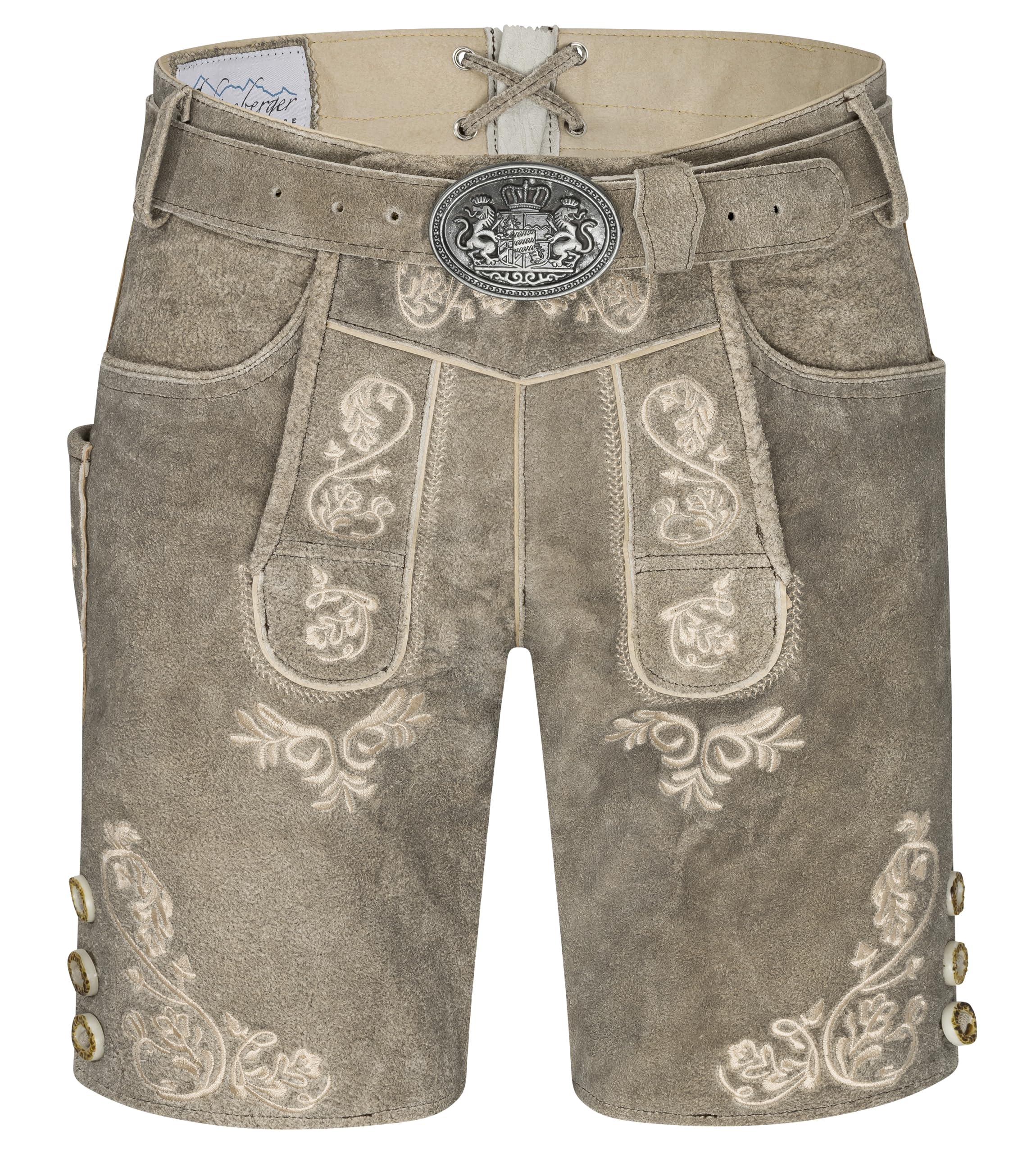 Schöneberger Trachten Couture Herren Lederhose kurz mit Trachtengürtel Bayern, Trachtenlederhose für Oktoberfest, Original Nubuk-Leder, Wiesnjäger