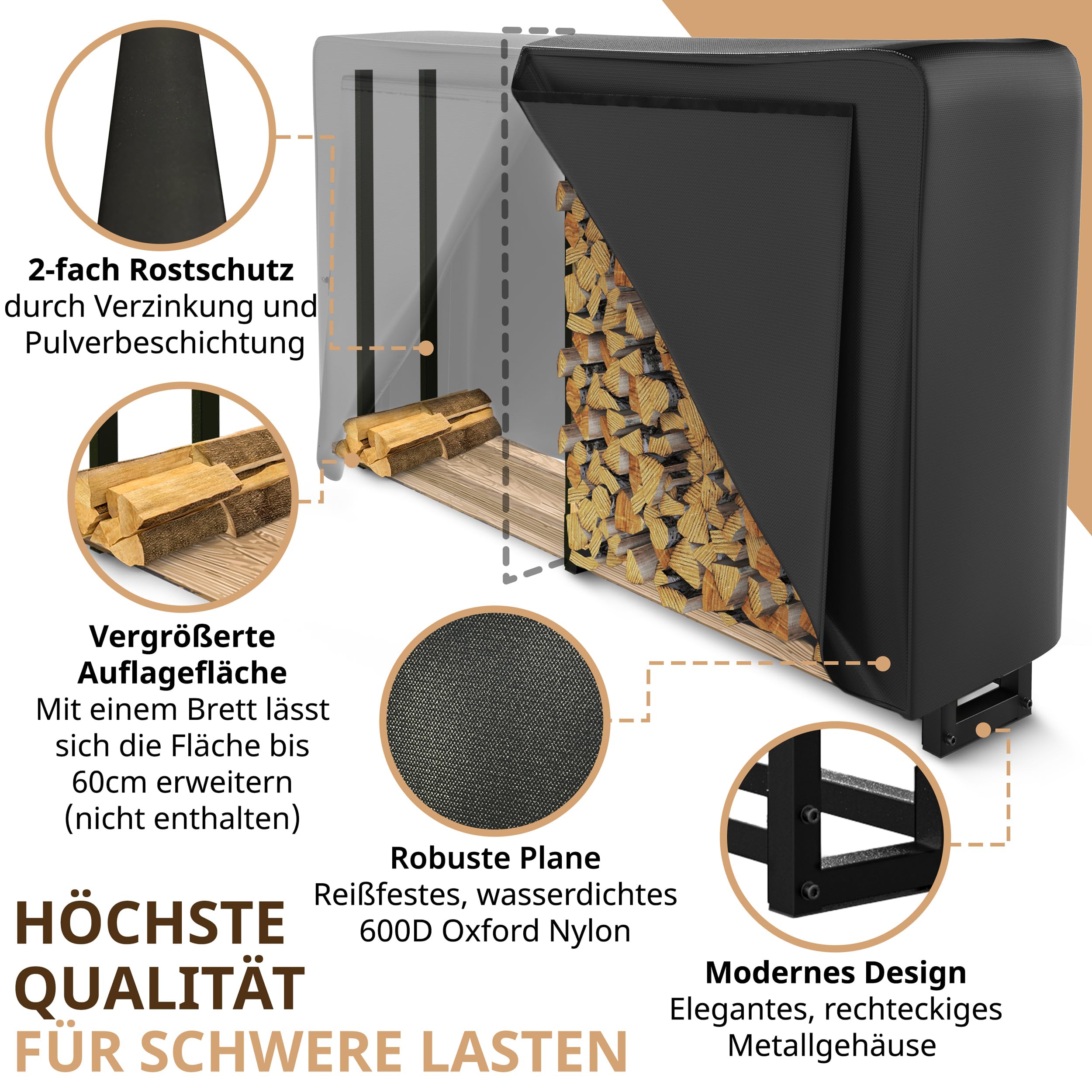 Kaminholzregal außen Metall 223x25x115cm | 25cm tief mit 61cm Plane verzinkte Stapelhilfe Feuerholz Garten mit XXL Abdeckung