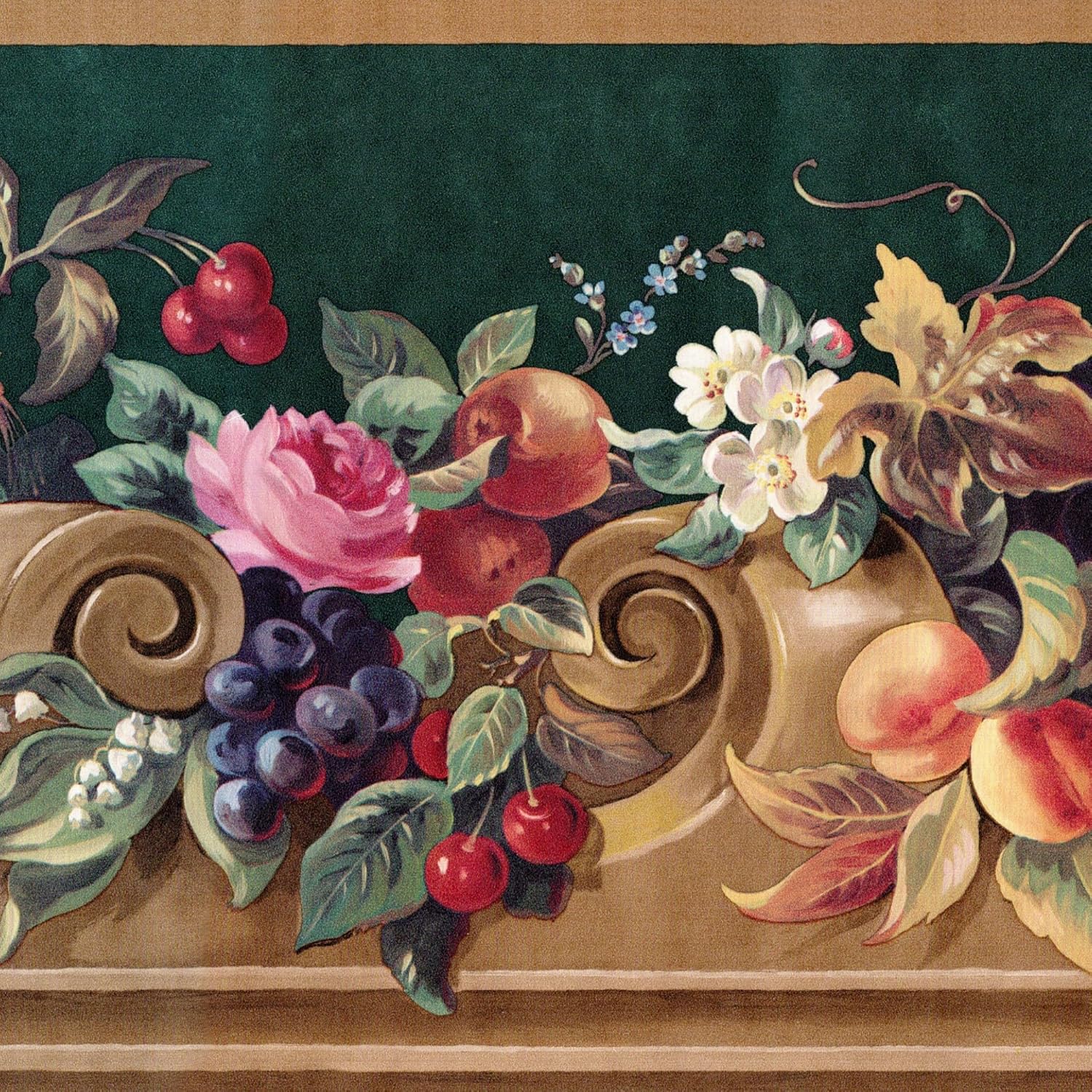 TRIMZ Wallpaper Border – Fruit & Floral Swag with Decorative Scrollwork, Traditional Style for Kitchen, Dining Room & Country Wall Decor, Pre-Pasted, 15 Ft x 9.5 in.