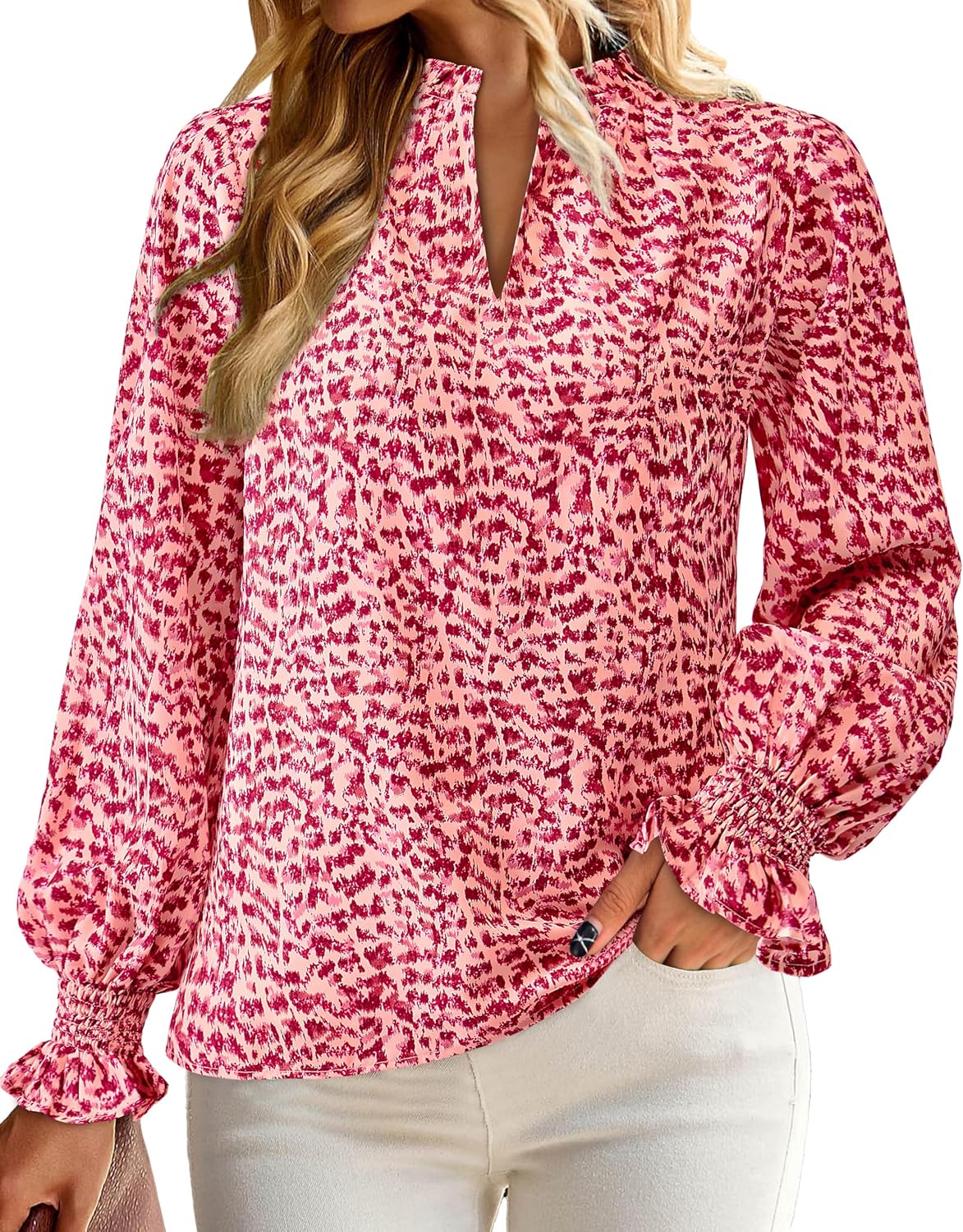 MASCOMODA Womens V Neck Floral Long Sleeve Tops 2026 Summer Casual Loose Puff Sleeve Chiffon Boho Work Blouse Dressy T Shirts - Image 4