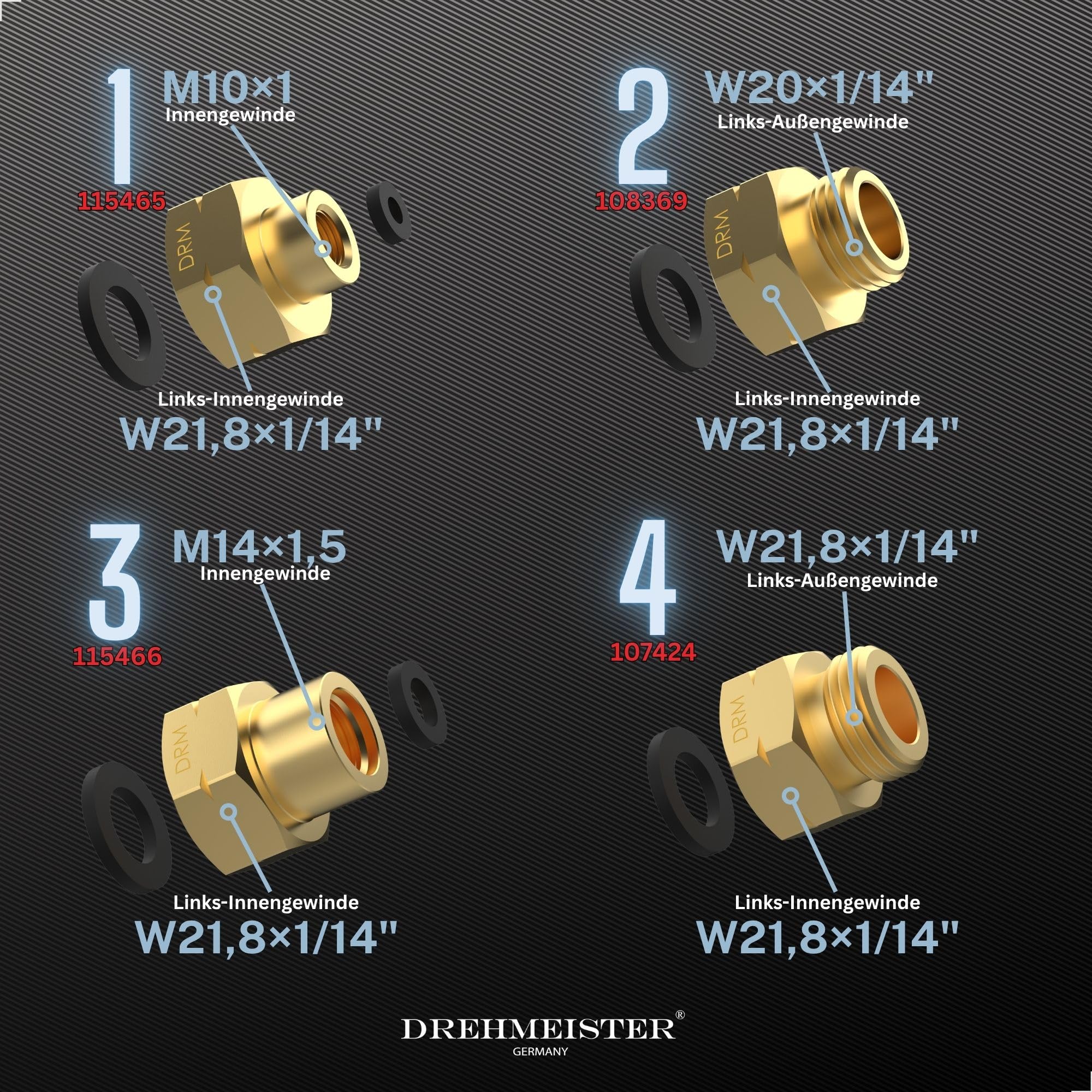 Gasflaschen Adapter Set Europa Befüllung - 4 Adapter aus Messing für deutsche Gasflaschen G.12 KLF - Anschluss ausländischer Regler und Schläuche