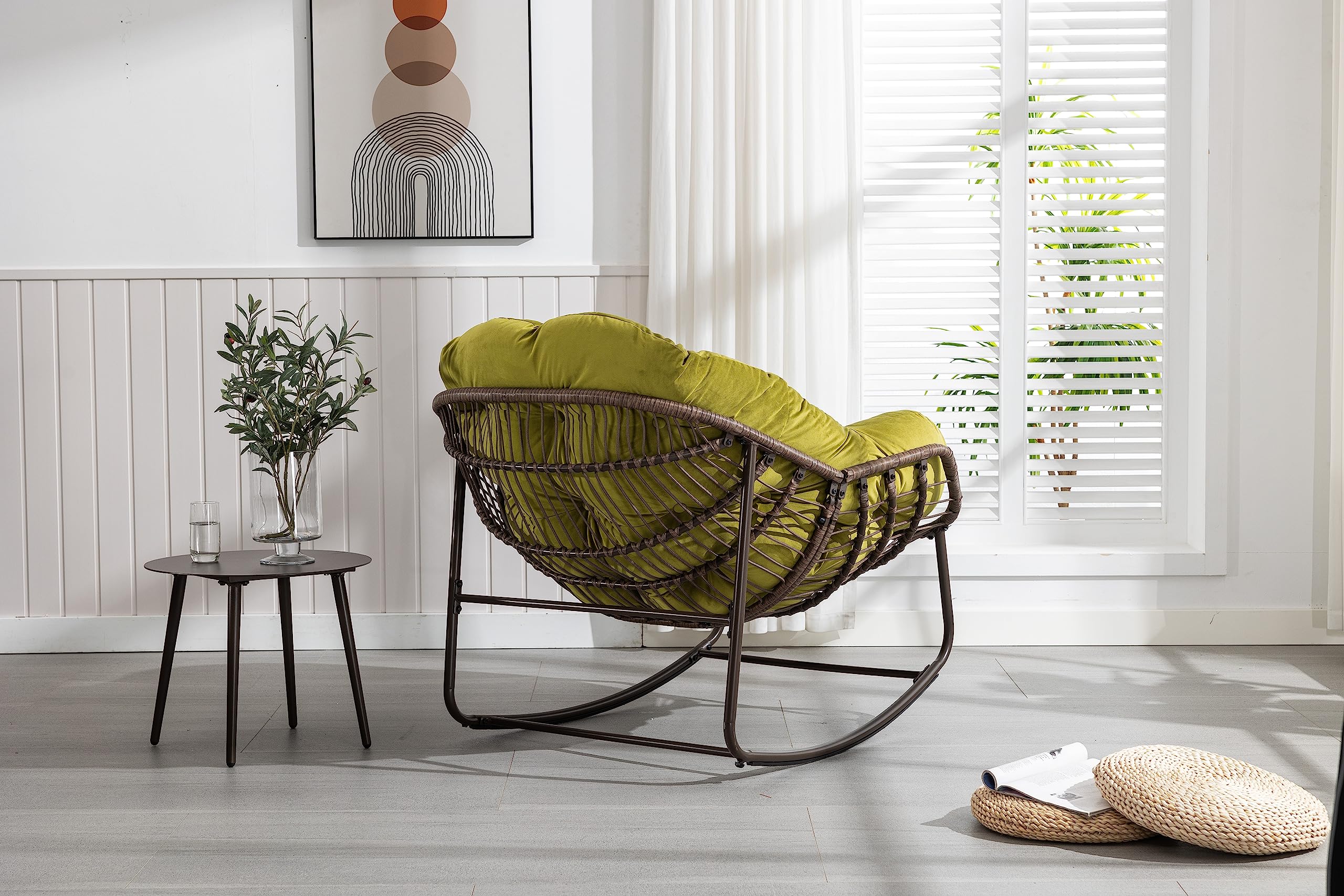 MURUL Sedia a dondolo in rattan verde oliva imbottita per esterni, con schienale, poltrona sospesa intrecciata a mano, per giardino, terrazza e balcone