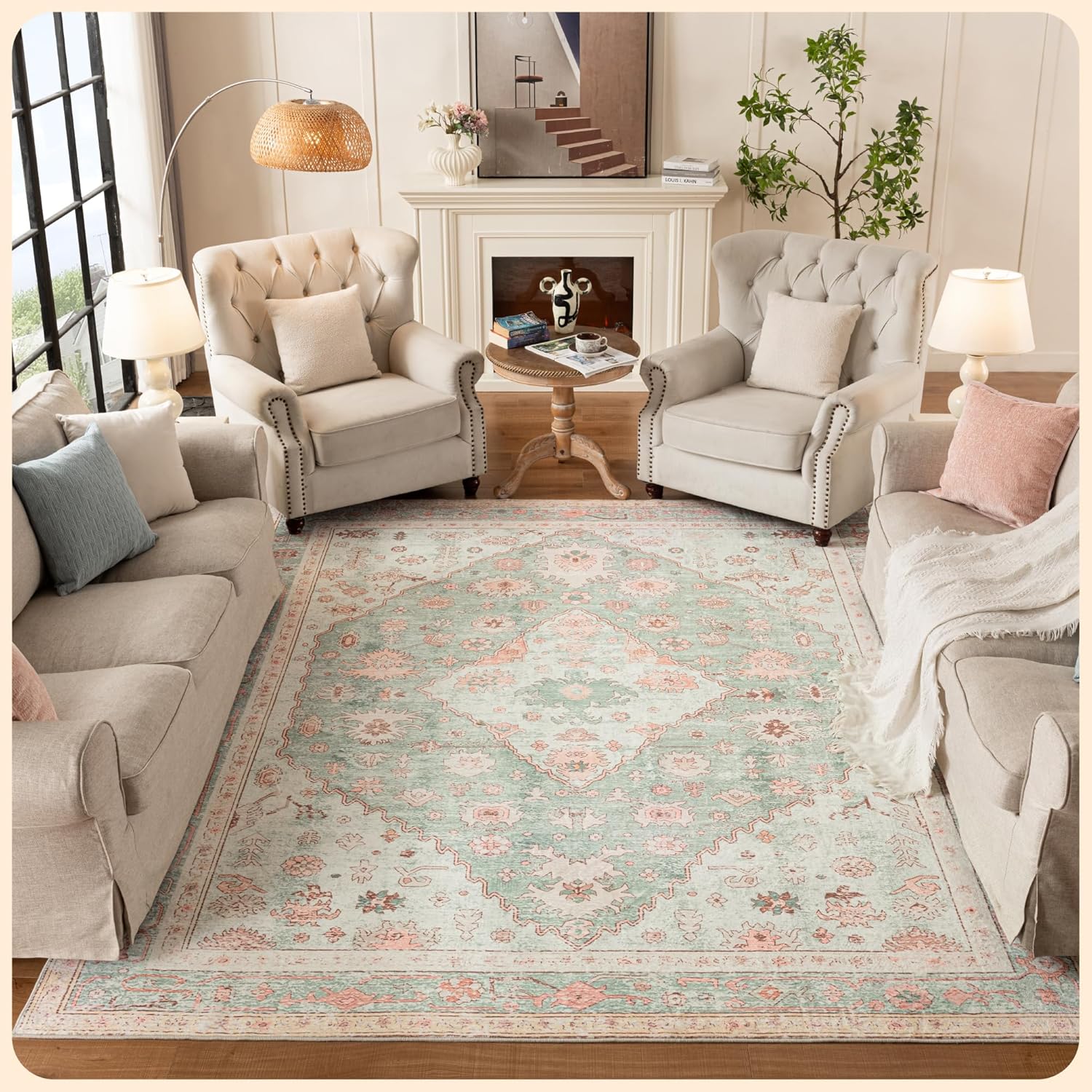 Istana 8x10 Area Rug - Light Green/Pink 8x10 Rugs for Living Room - Foldable 8x10 Rugs for Bedroom - Stain Resistant 8x10 Washable Rug - Eco-Friendly 8x10 Area Rugs - Easy to Clean Living Room Rug 8X10 Light Green / Pink