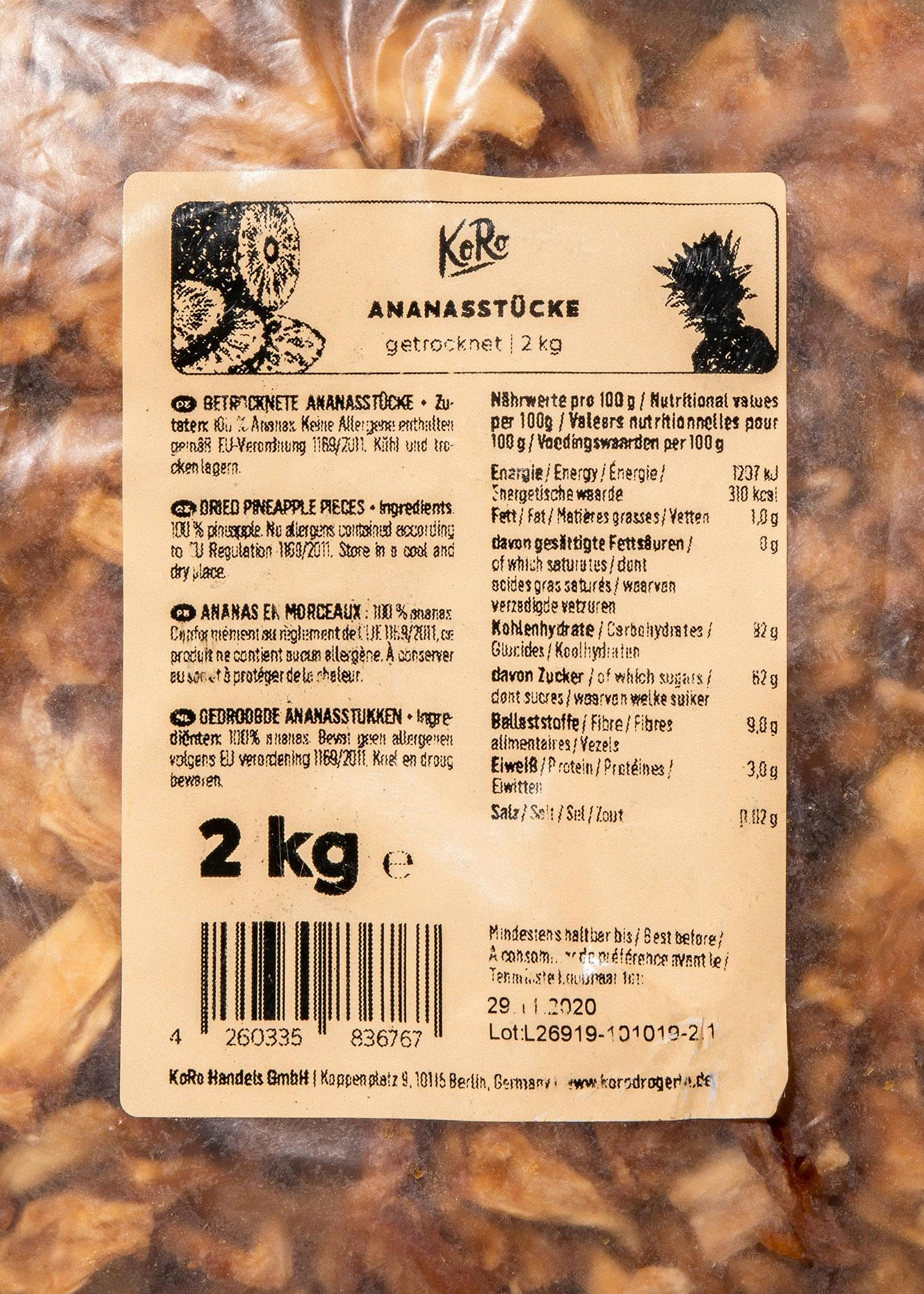 KoRo - Ananas essiccato a pezzetti 2 kg - Frutta disidratata senza additivi - Senza zuccheri aggiunti* e senza solfiti