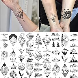 GOROMON 52 Sheets Small Black Mountain Temporary Tattoos For Men Women Adult, Geometric Sea Weave Forest Pine Tree Realistic Tattoo Sticker For Kids Children, Moon Sun Star Triangle Tatoos Outer Space