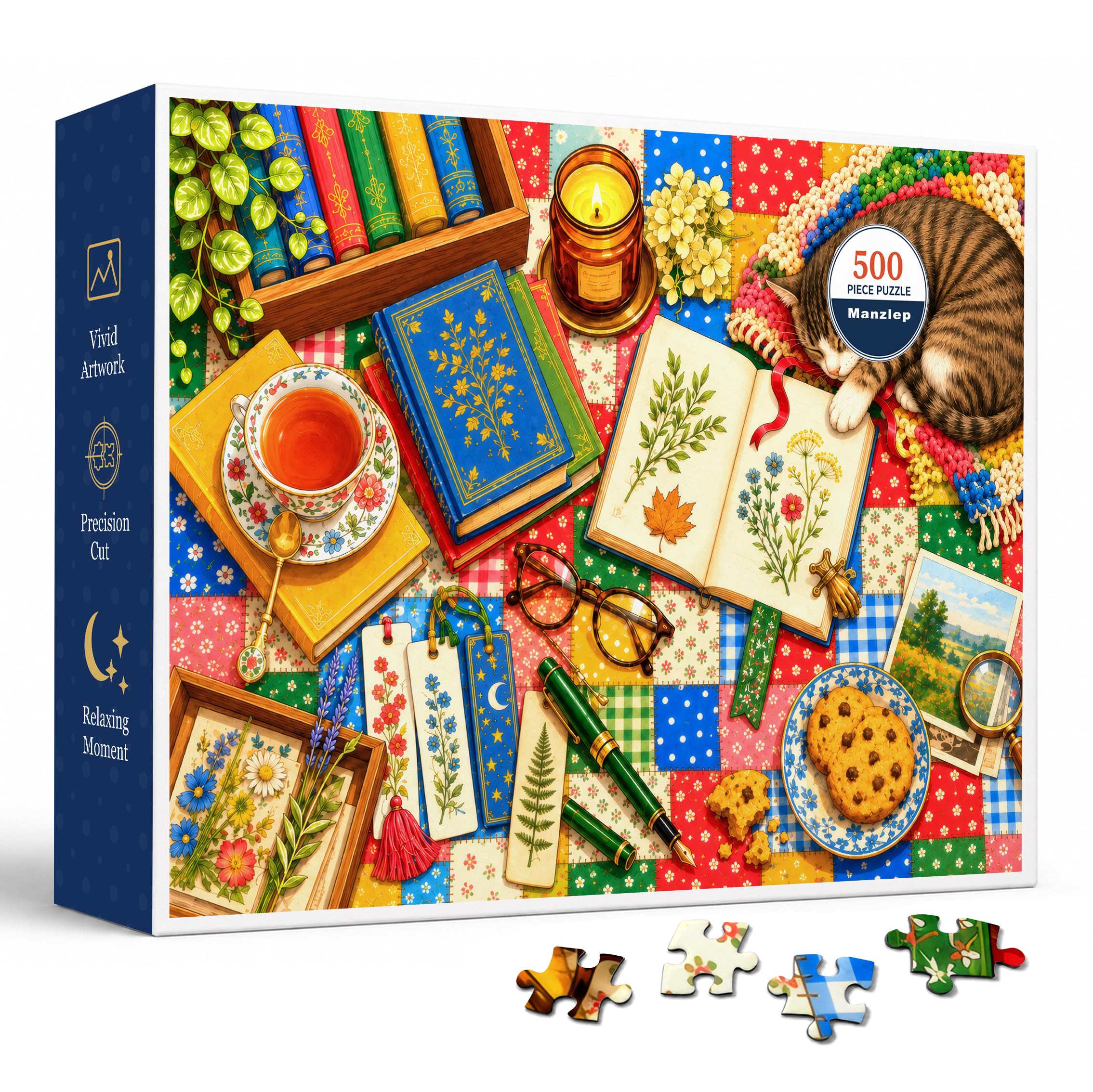 Cozy Reading Table 500 Piece Jigsaw Puzzle for Adults, Colorful Cottagecore Still Life with Books, Tea Cup, Botanical Journal, Sleeping Cat, Candle, Cookies and Patchwork Quilt Art, 20.5 x 15 in