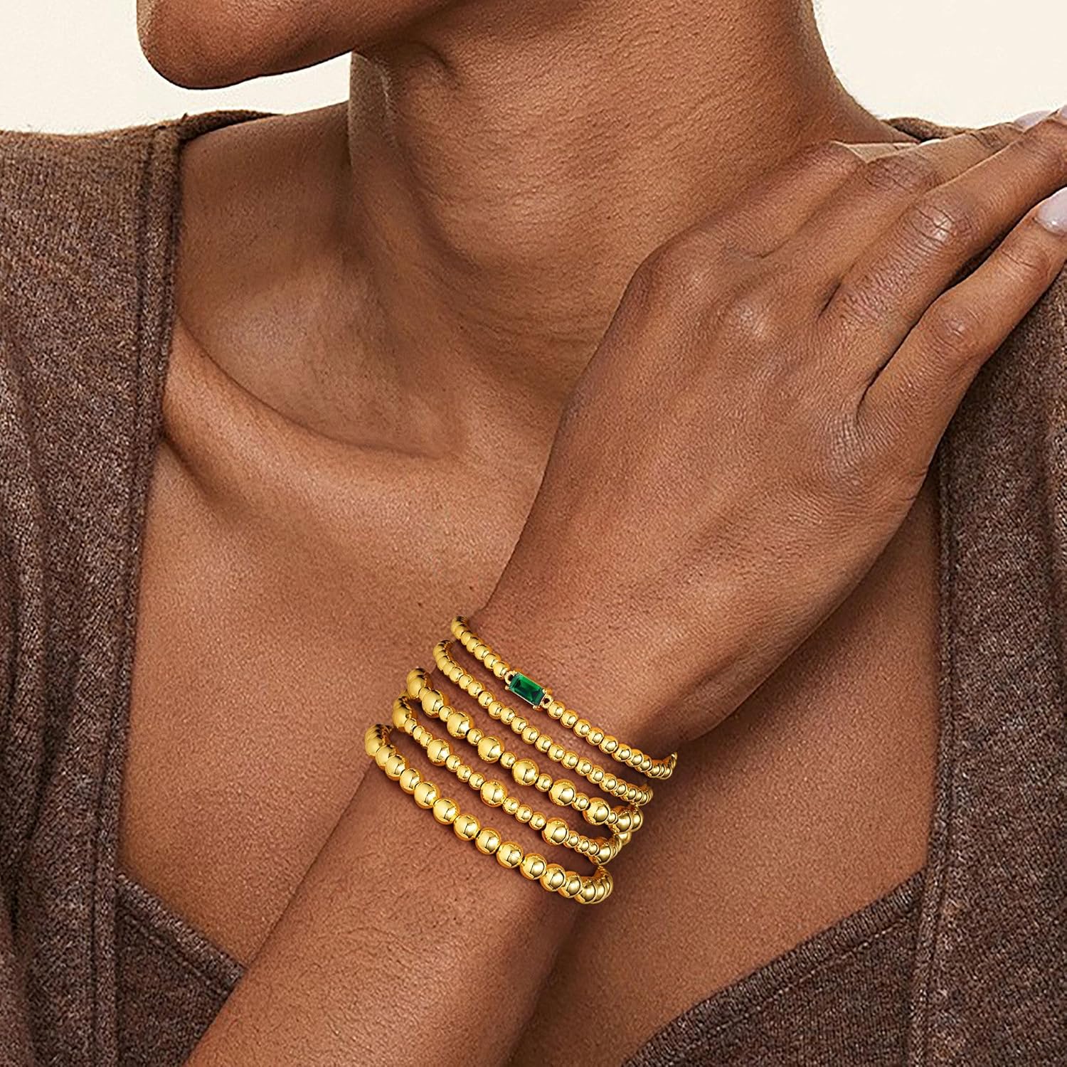 Turandoss 5PCS Birthstone Bracelets for Women, Dainty Layered Emerald 14K Gold Plated Beaded Birthstone Bracelets Set Trendy Waterproof Stackable Jewelry Birthday Gifts for Women Girls - Image 2