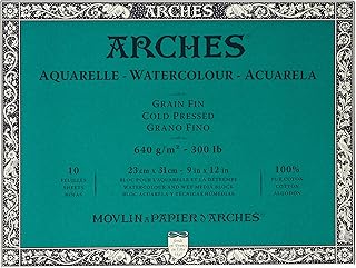 Arches Watercolor Block 9x12-inch Natural White 100% Cotton Watercolor Paper - 10 Sheets of Arches 300 lb Watercolor Paper Cold Press - Watercolor Paper Block for Gouache Ink Acrylic and More