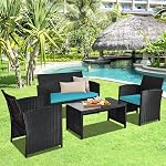 Goplus Ensemble de meubles pour patio de rotin 4 Pièces, canapé de conversation en osier extérieur et ensemble de table avec des coussins doux & Table à café en verre trempé pour jardin Balcon (Turquoise)