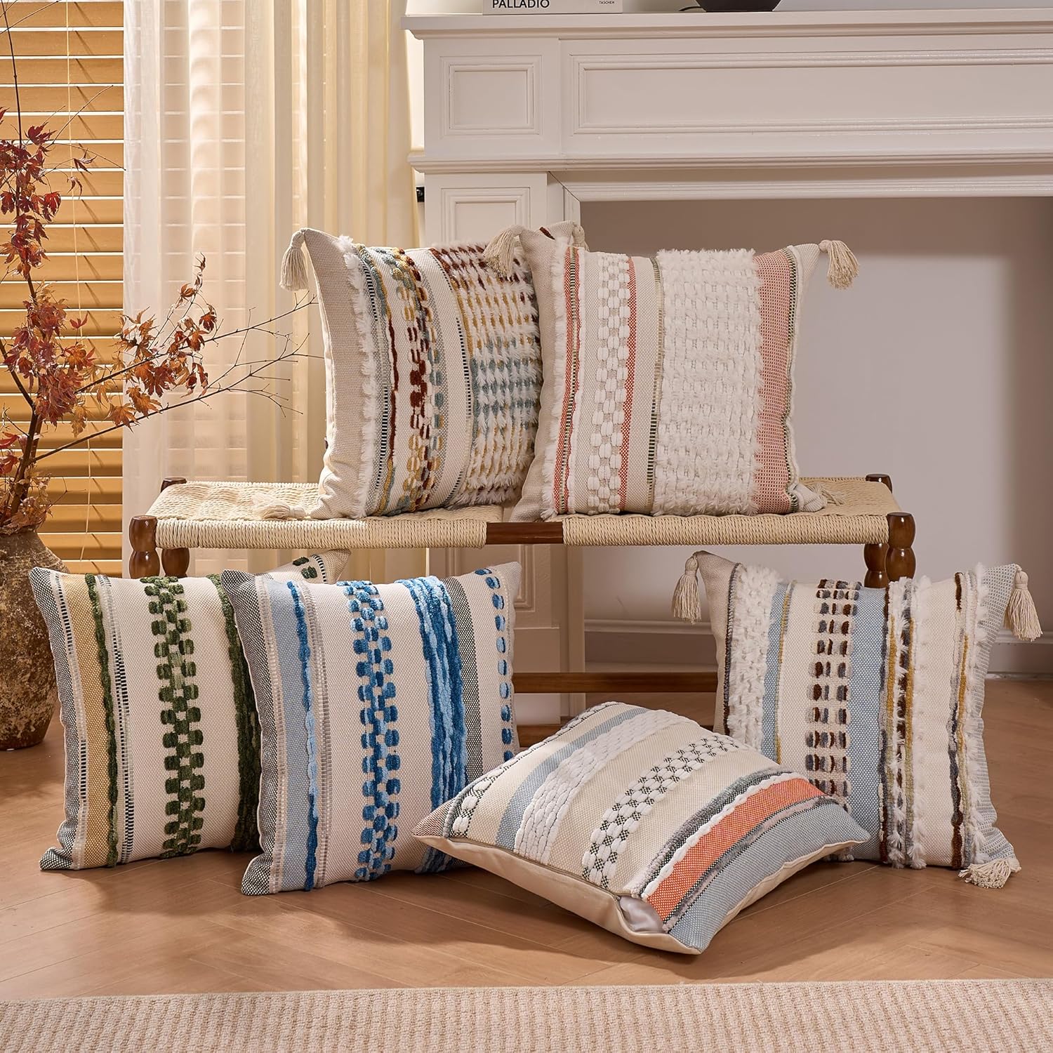 Green Chenille Striped Textured Pillow Covers 18x18 Inch Boho Throw Pillow Cover Farmhouse Decoration Striped Square Pillowcase for Couch Bed Sofa Bedroom Living Room(Pack of 2) - Image 4