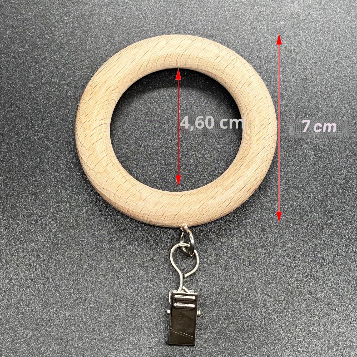 Anneaux de rideaux en bois avec clips, clips et crochets pour rideaux de ferme (diamètre intérieur 4,6 cm, longueur totale 30,5 cm)