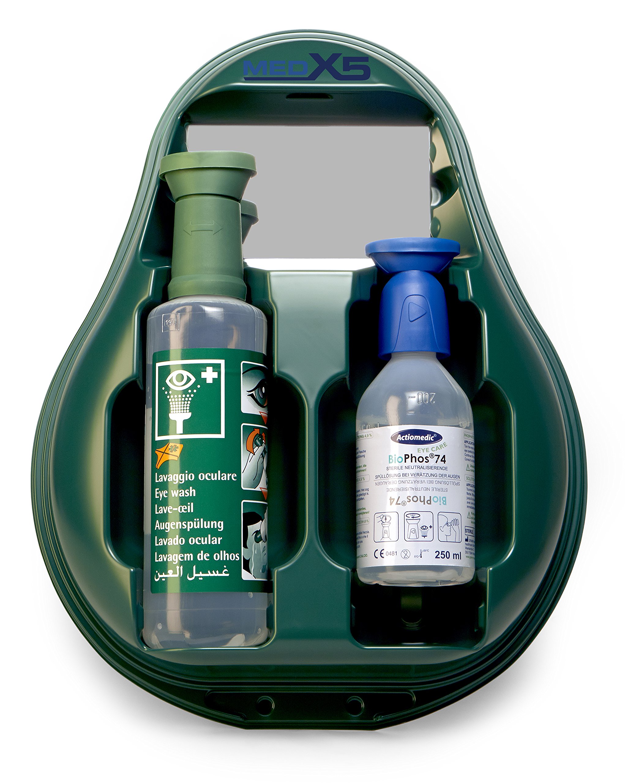MedX5 Ducha Ocular de Emergencia, Lavado de Ojos con Solución Salina 0,9% y BioPhos 74, Estación con Espejo
