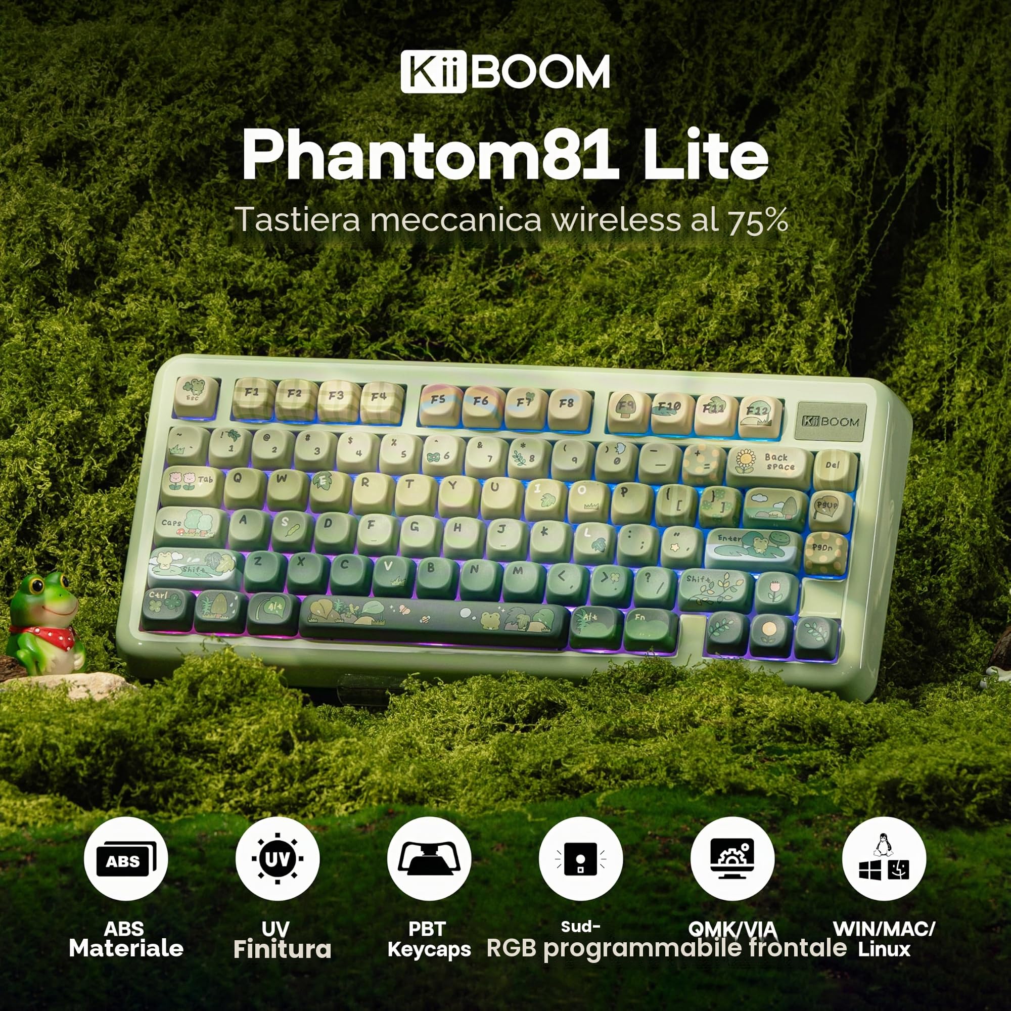 KiiBoom Phantom81 Lite 75% Guarnizione Tastiera Meccanica QMK&VIA Programmabile 3 Modalità Wireless Gaming Retroilluminazione RGB Custodia ABS+UV Hot-Swap Windows/Mac