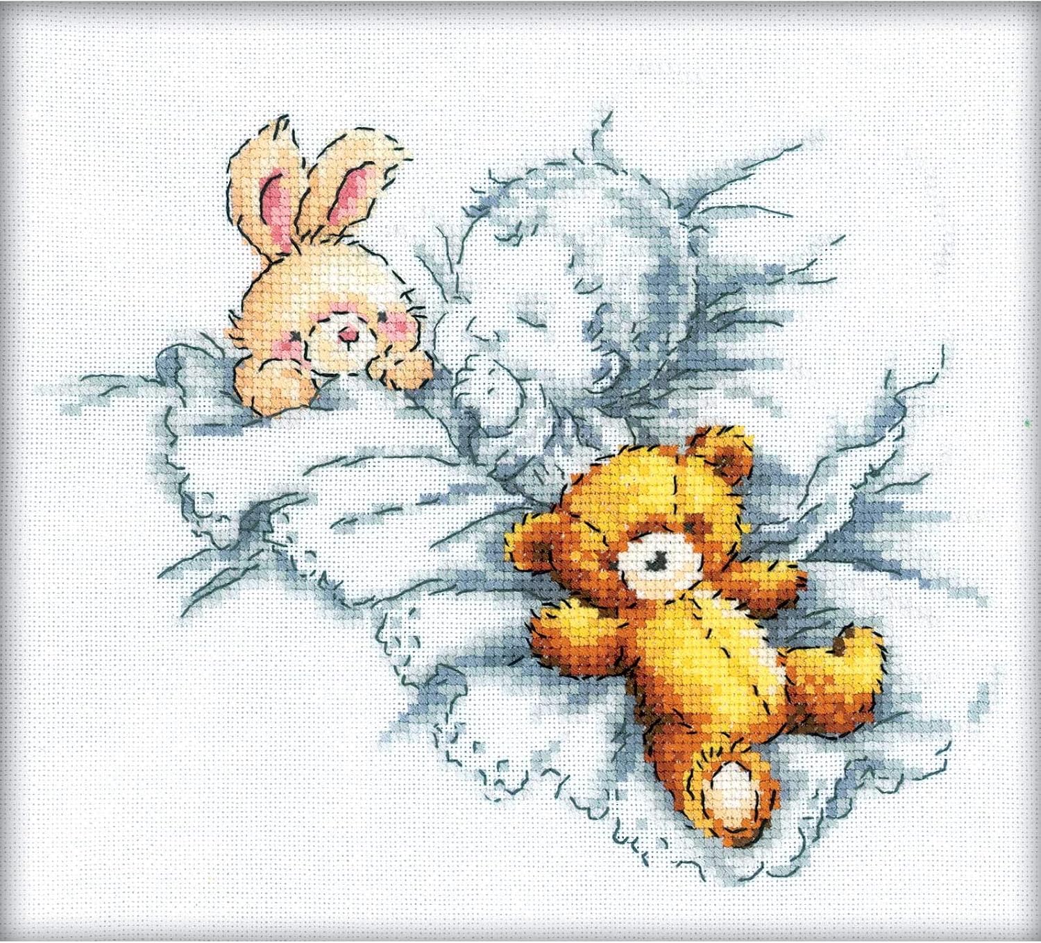 RTO Baby with Rabbit and Teddy Bear I Counted Cross Stitch Kit, 8 by 7-1/8-Inch
