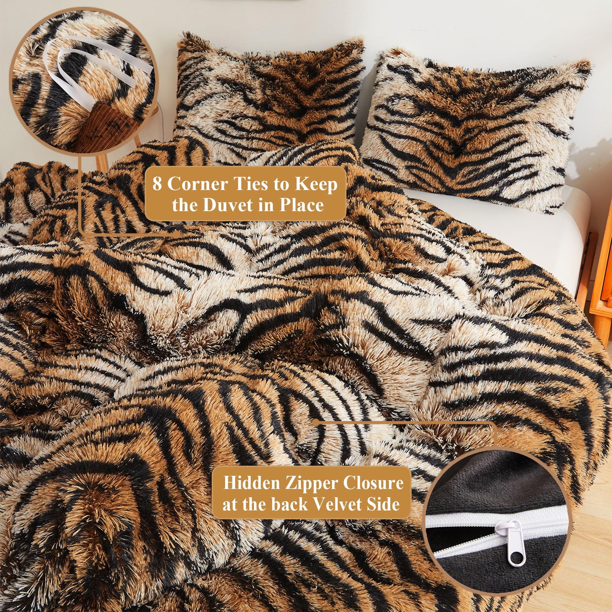 XeGe Tiger Print Fluffy Faux Fur Duvet Cover Set, 3 Pieces Soft Plush Shaggy Fuzzy Bedding Set(1 Farmhouse Comforter Cover + 2 Furry Pillow Cases), Zipper Closure(Queen, Tiger Print Brown): Queen Tiger Print Brown