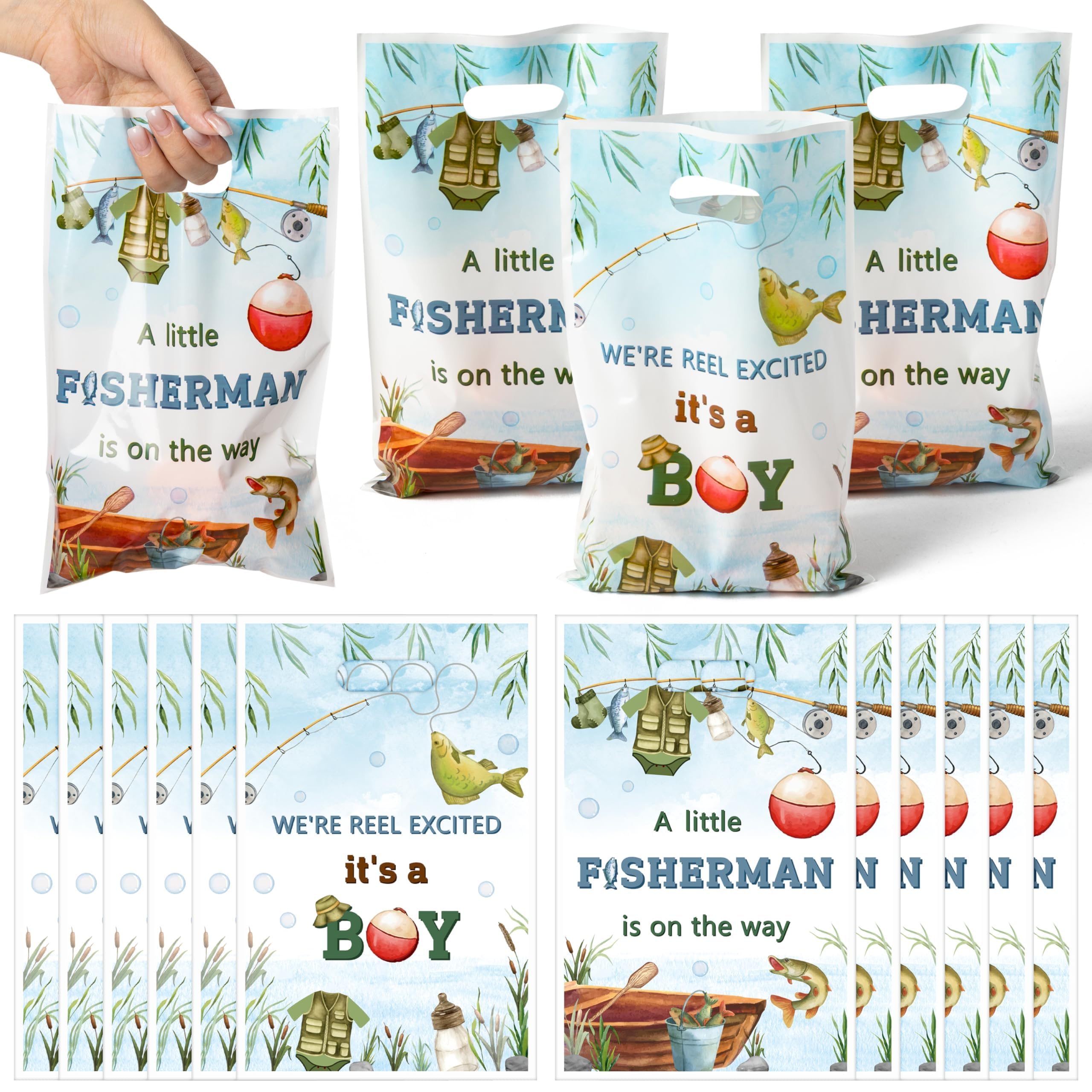 ANGOLIO Gone Fishing Party Bags for Boys– 50Pcs A Little Fisherman Is On The Way Gift Goody Bags for Baby Shower, Birthday, Gender Reveal Watercolor