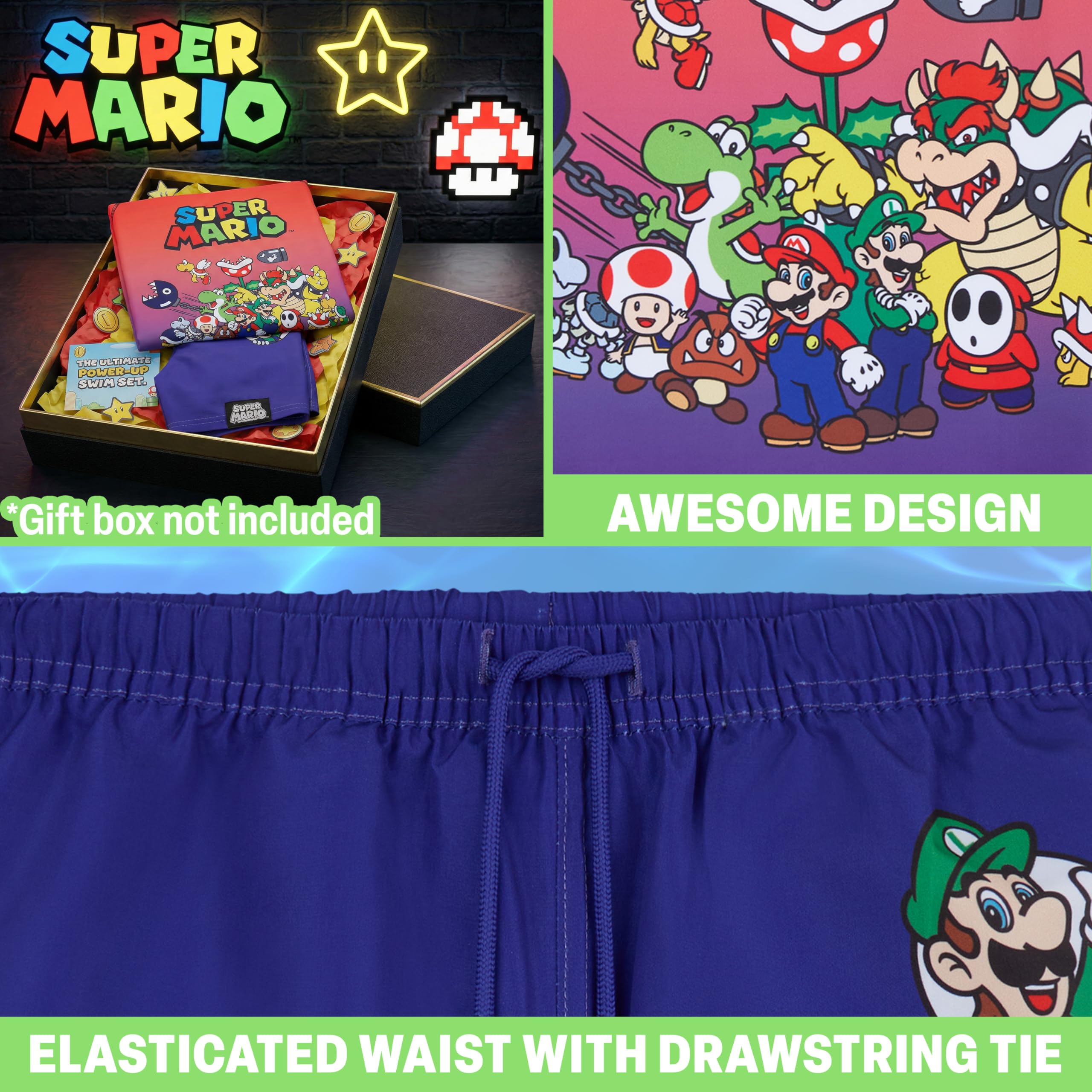 Get Trend Super Mario Maillot de Bain Enfant Garcon 7-13 Ans, 2 Pièces T-Shirt et Short de Bain, UPF 50+, Ete Cadeau Garcon