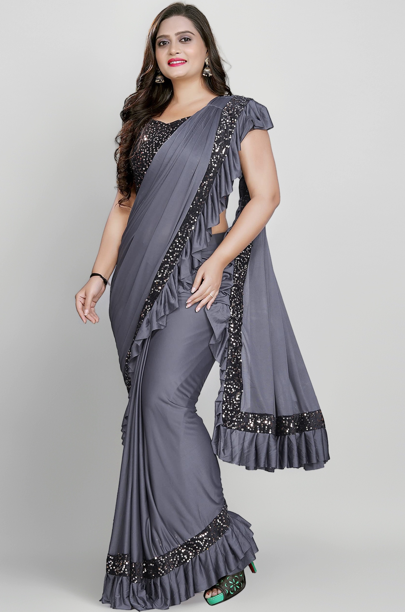 Women's Lycra Readymate Saree With Sequin Border And stitched Blouse Piece