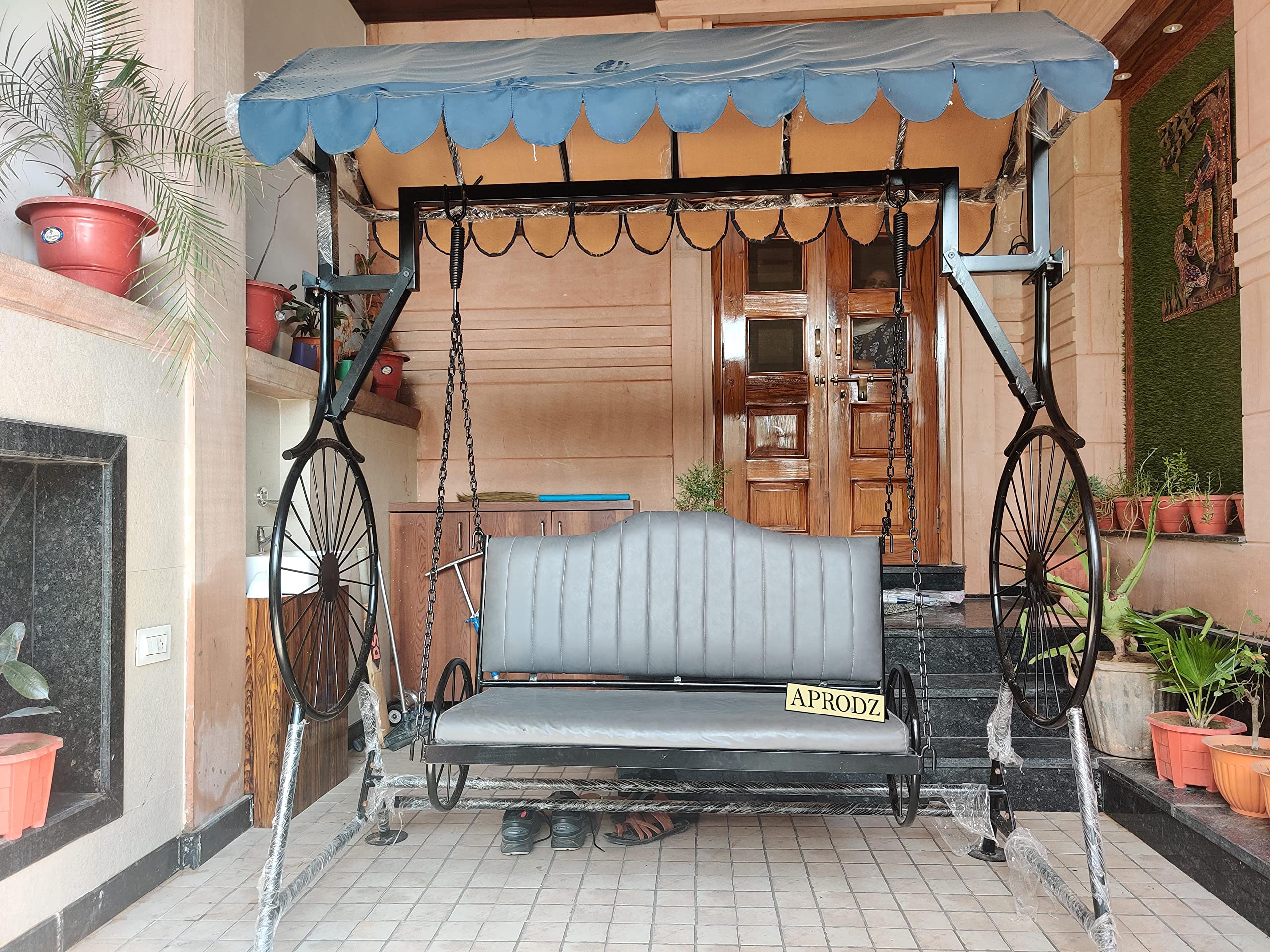 APRODZ Best Buy Steel Porch Jhula Swings Outdoor Iron Frame Deluxe Patio Garden Porch Canopy 3 Seats Swing with Bench-image-36