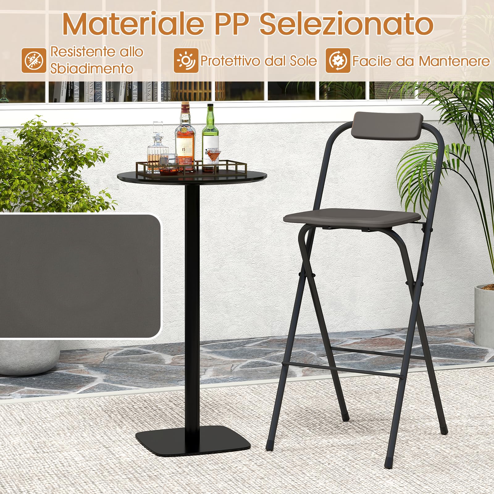 COSTWAY Set di 2 Sgabelli da Bar Pieghevoli, Sedia Alta con Schienale e Poggiapiedi, Struttura in Metallo, per Interno ed Esterno, Portata 150 kg (Grigio)