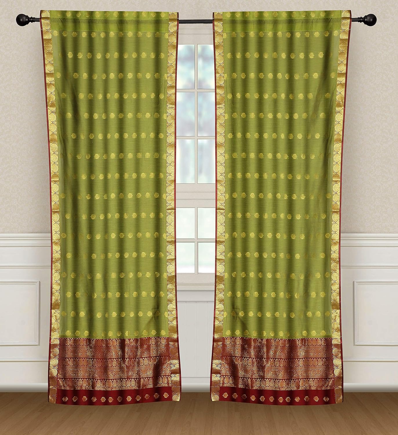2 Lined Green Bohemian Indian Sari Curtains Rod Pocket Living Room -43W x 96L