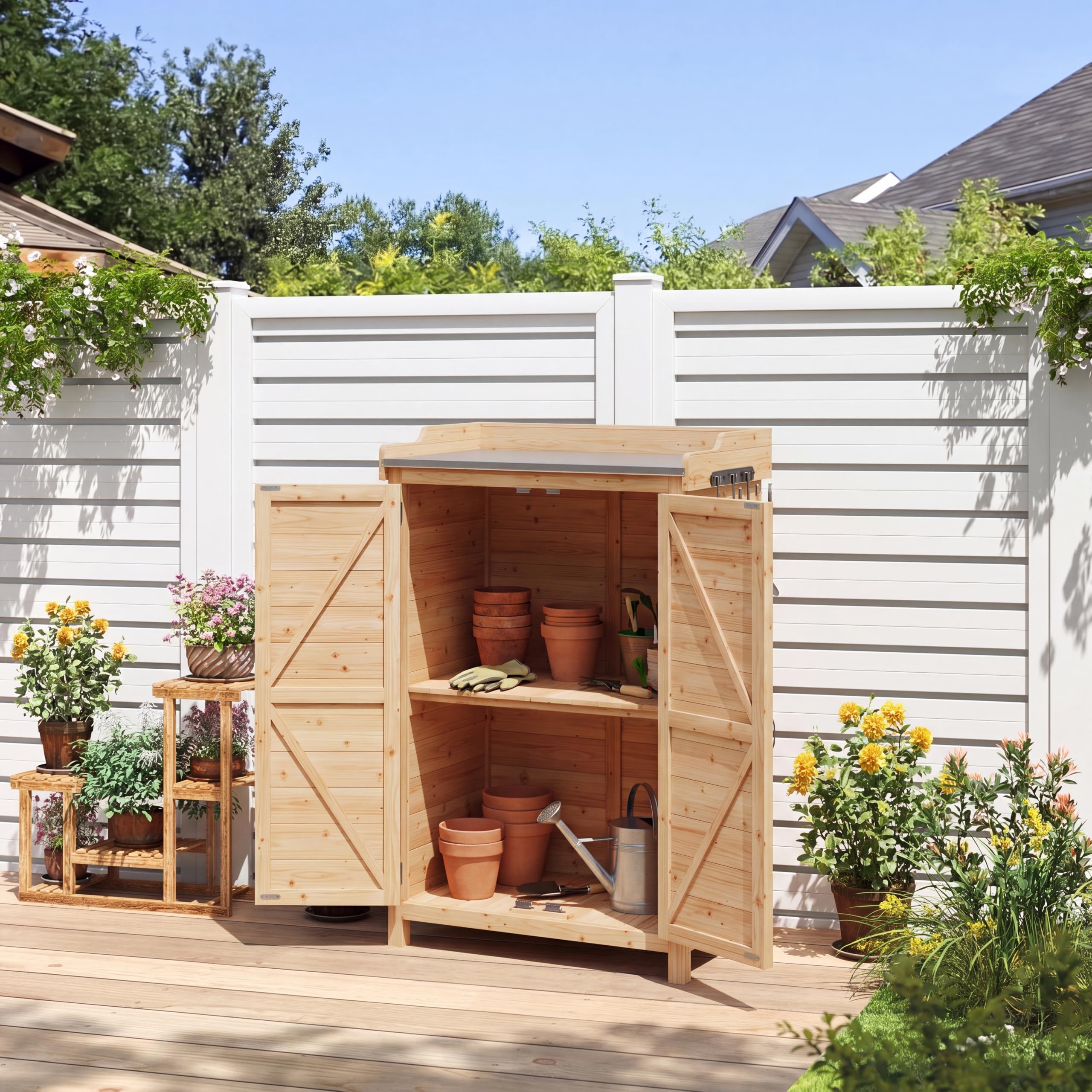 Aoxun Wooden Shed, Garden Storage Shed, Outdoor Tool Cabinet with Galvanised Top, Side Hooks and Removable Shelf, Potting Bench Table for Garden Tools, 64 x 40 x 95 cm, Natural Wood