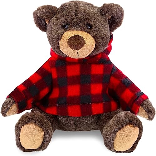 DolliBu Oso marrón de felpa con capucha a cuadros rojos, oso marrón suave y abrazable, adorable peluche de oso marrón de zoológico, bonito regalo