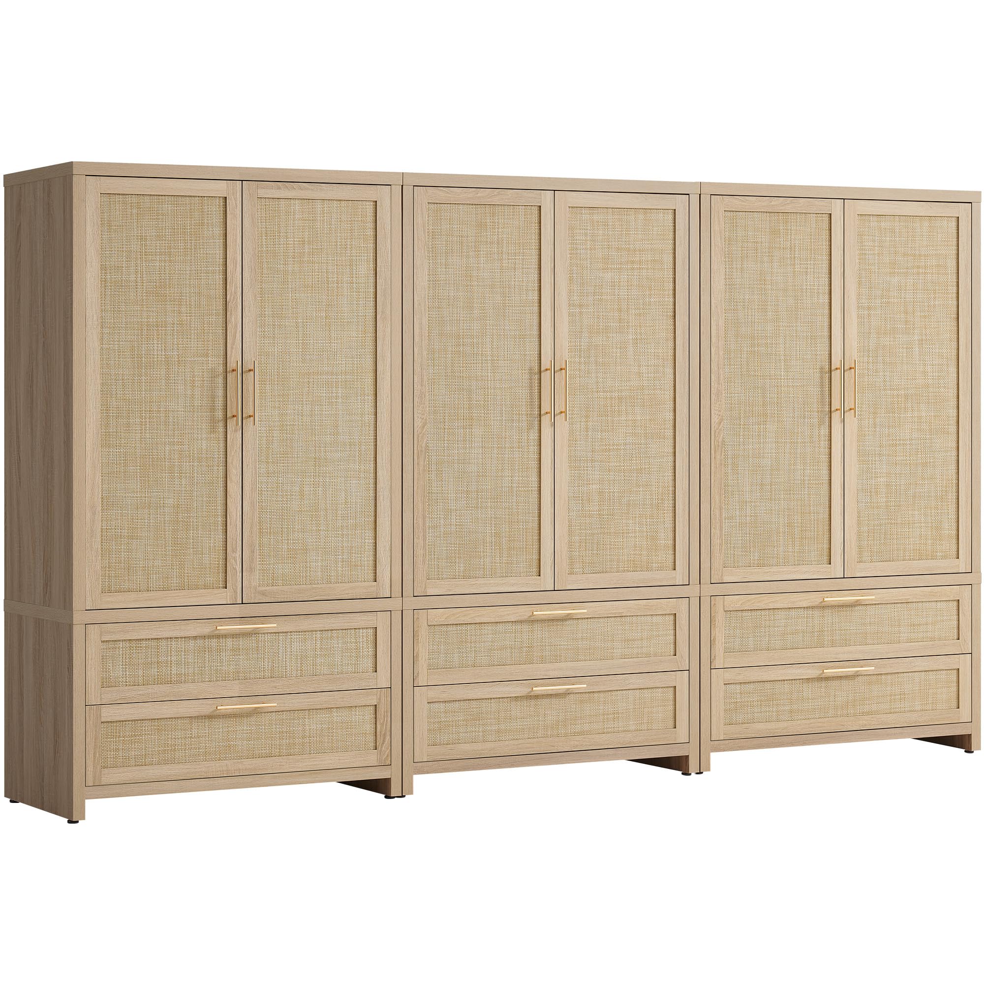 SICOTAS 71 inch Wardrobe Closet, Boho Rattan Armoire Wardrobe with Drawers