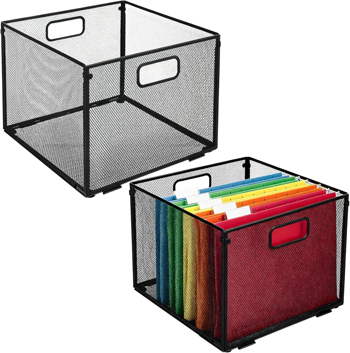2 Pcs Heavy-Duty Metal Hanging Folder Organizers, 12.2 in Space-Saving Stackable File Crates for Hanging Folders, Portable & Foldable Multiuse File Folder Box with Handles, Black
