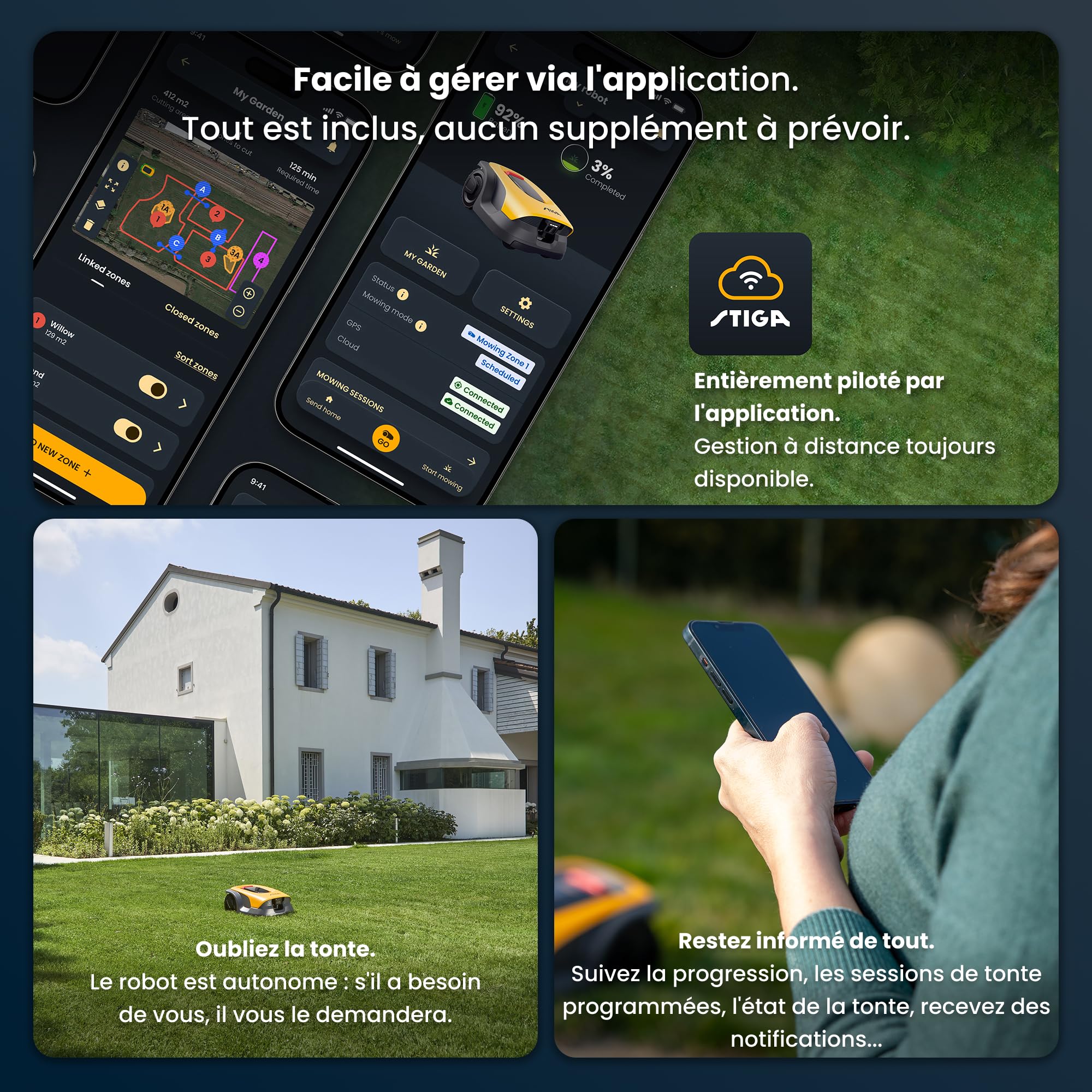 STIGA A 15v a Tondeuse à Gazon Robotisée, 18 cm, 25,2 V, 5 Ah – Caméra IA Intégrée, Navigation sans Câble – Pelouses jusqu'à 1 500 m², Grigio