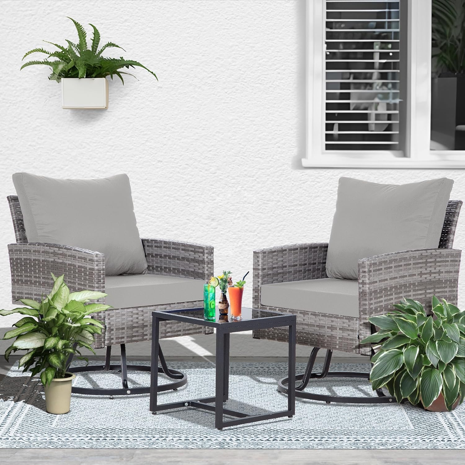 3 Piece Patio Furniture Set, Outdoor Swivel Patio Chairs Set of 2, Wicker Apartment Balcony Furniture Set with Thick Cushions for Outside Porch Deck Garden, Grey-Grey