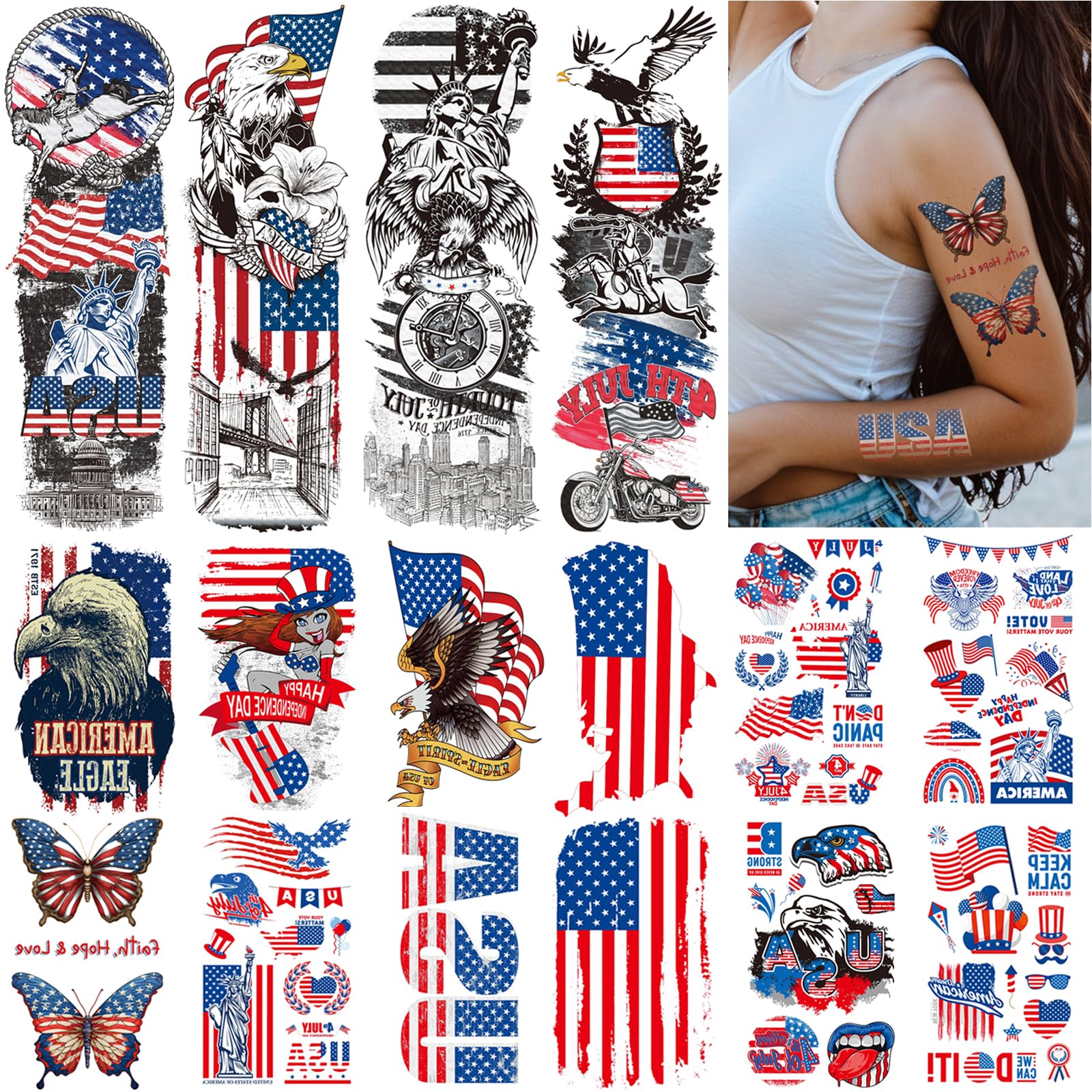 Tazimi Independence Day Temporary Tattoos 4th of July Independence Day Sleeves Tattoos Stickers for Men Women American Flag Tattoos Labor Day Decorations Patriotic Tattoos Full Half Arm Face Tattoos