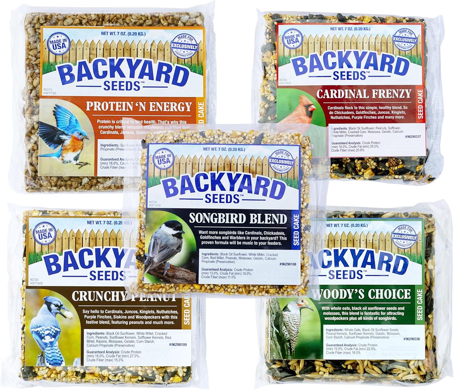 CountryMax Backyard Seeds Wild Bird Seed Cakes Square for Outside Feeders Variety Pack - 5 Pack of 7 Oz