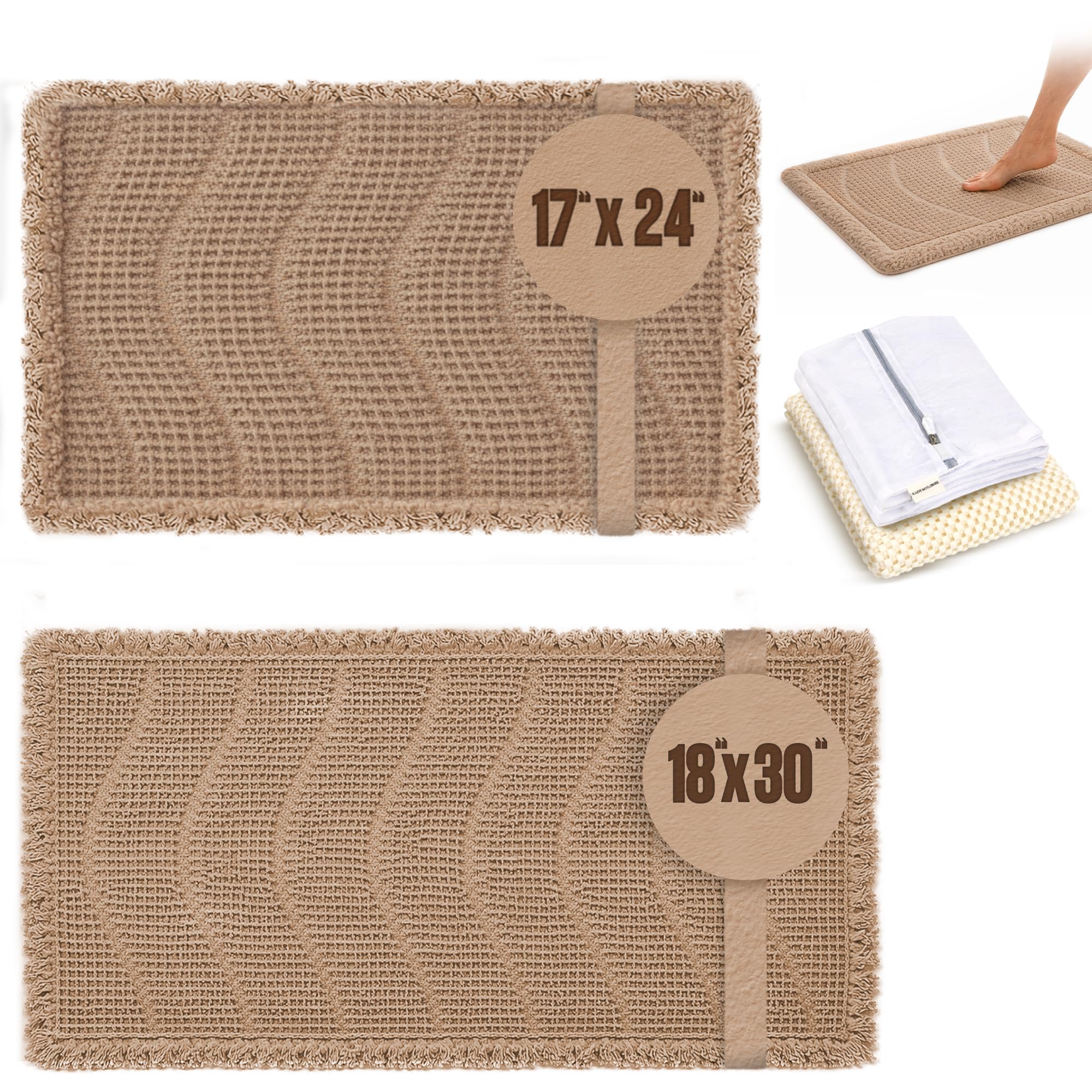 Waffle Knit Bath Mat Set of 2 – 18×30 & 17×24 Latte | Deluxe Dual Anti-Slip Backing + Extra Pad | Ultra-Absorbent Quick Dry Waffle Bathroom Rugs |