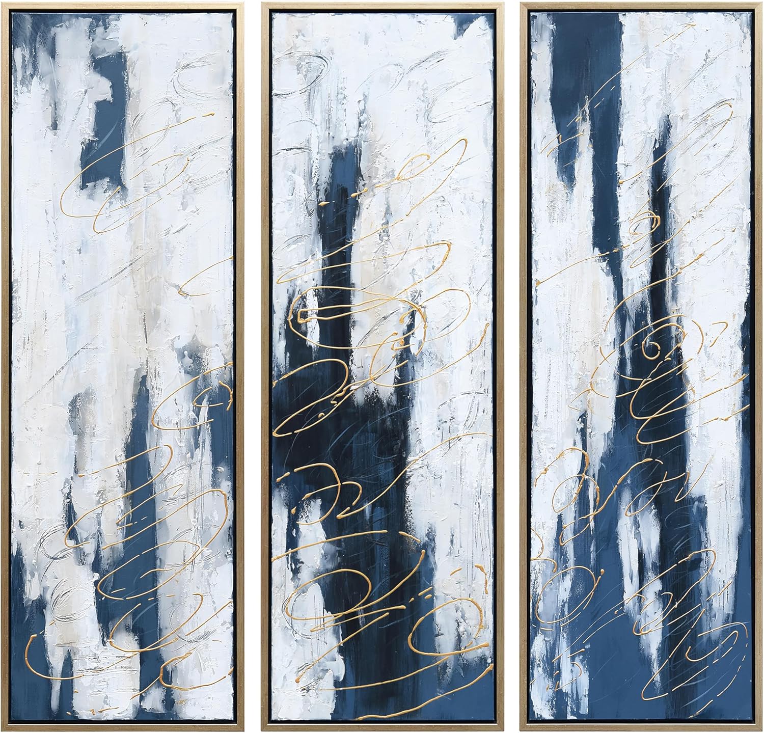 Empire Art Direct Abstract Wall Art Textured Hand Painted Canvas by Martin Edwards, Triptych, 60" x 20" each, Blue Shadows