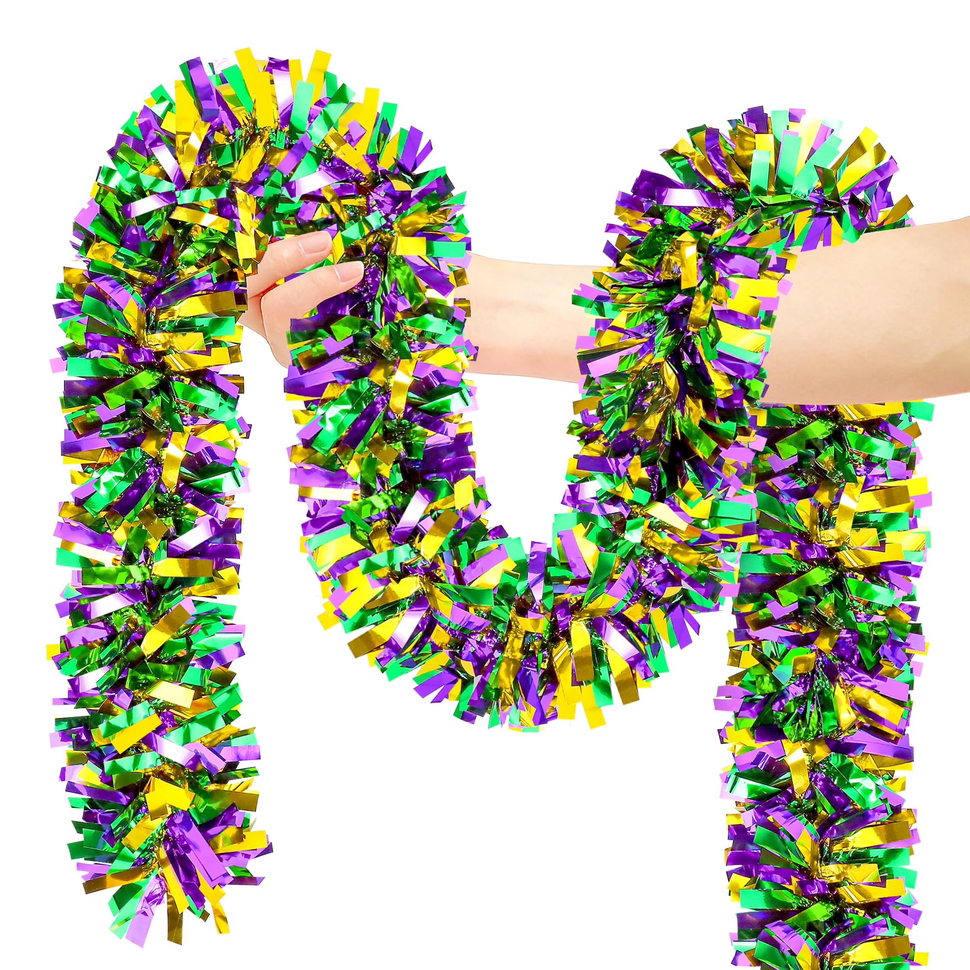 50FT Mardi Gras Decorations,Purple Green Gold Mardi Gras Tinsel Garland Metallic Streamers Hanging Garland for Home Tree Stairs Indoor Outdoor Parade Carnival Mardi Gras Party Decorations