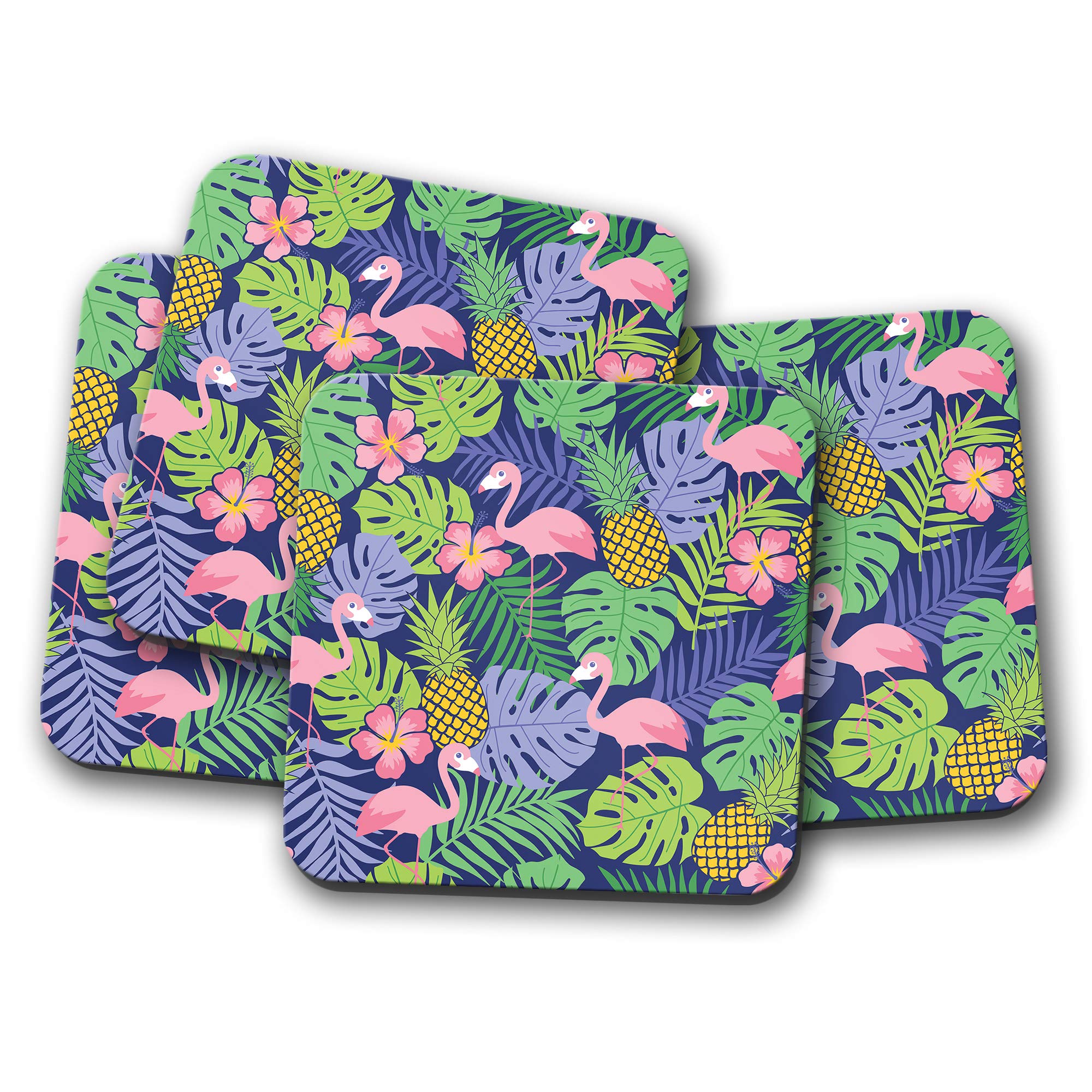 Destinationvinyl Multicolor 4 Set - Cute Pink Flamingo Coaster - Hawaii Surf Flowers Pretty Fun #8737