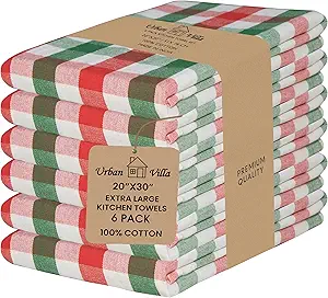 Urban Villa Christmas Kitchen Towels 100% Cotton Dish Towels for Kitchen (Set of 6) 20”x30” Dish Cloths Absorbent Kitchen Linen Set with Hanging Loop Perfect for Drying Dishes Cleaning – X MAS Checks