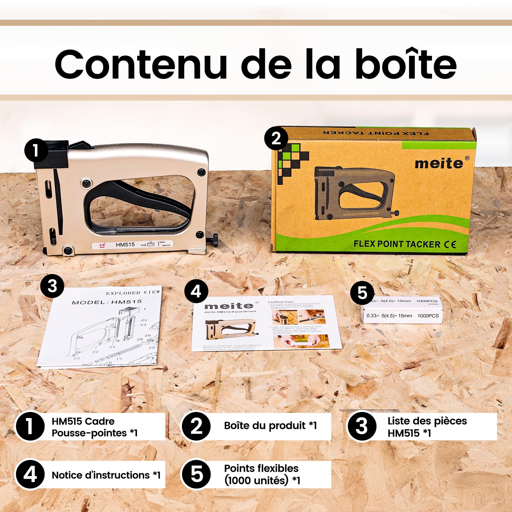 meite Pilote de Point Manuel HM515 Avec 1 000 Pointes Flexibles, Pousse-Pointes Outil de cadrage pour DIY Et Loisirs Créatifs, Cloueuse à Pointes d’encadrement Agrafeuse pour Cadres Photo